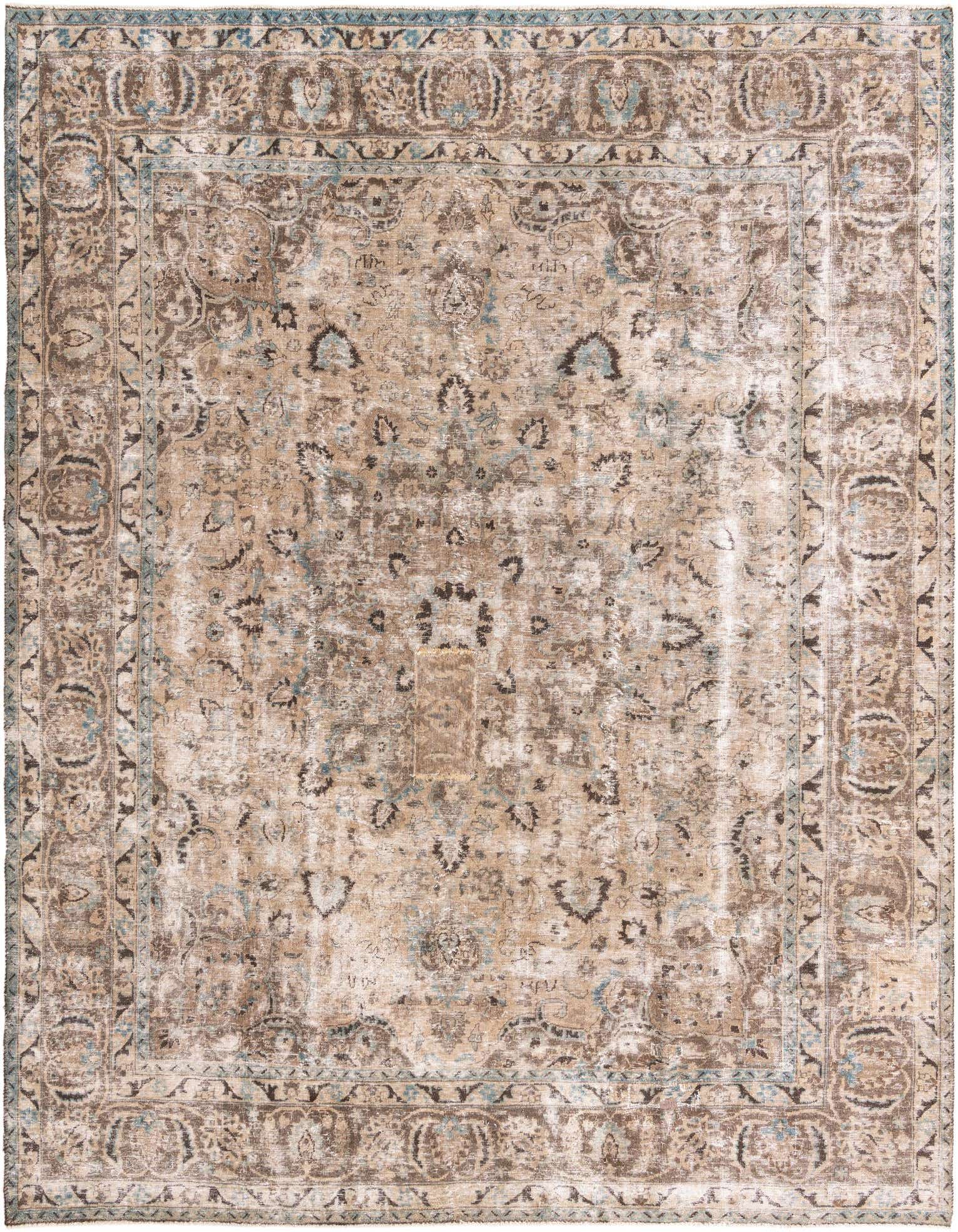 A 10x13 rectangular brown and tan Persian-style wool rug with a distressed vintage medallion pattern.