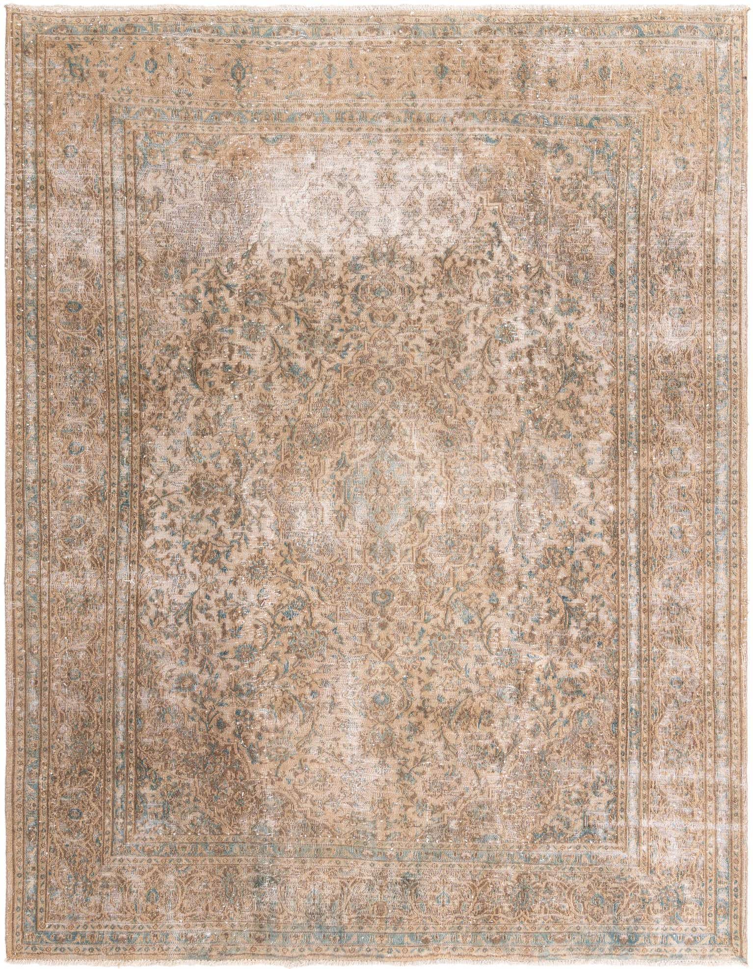 An 8x11 rectangular Ultra Vintage wool rug in browns and tans with a distressed Persian medallion pattern.