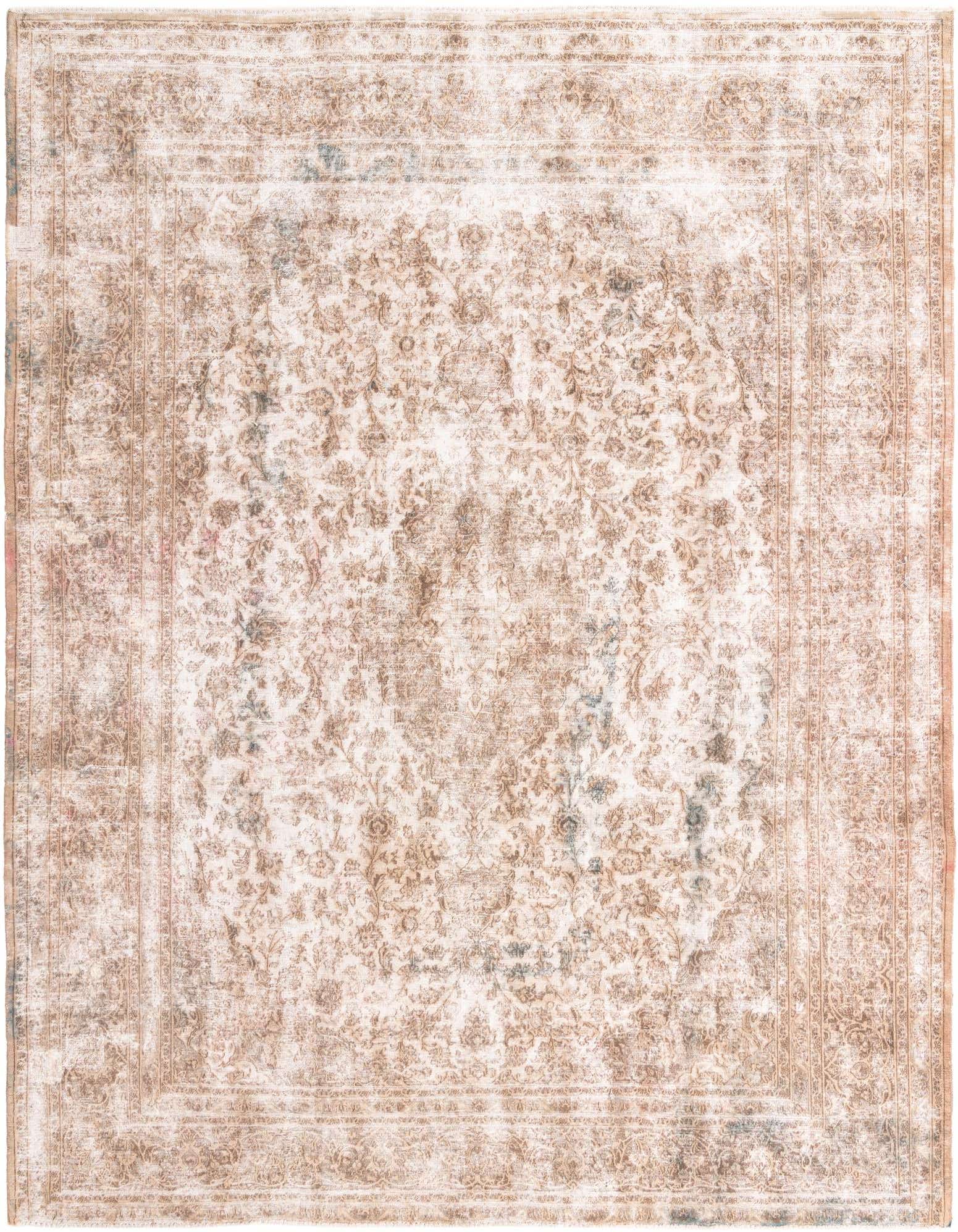 A 10x13 rectangular Rugs.com Ultra Vintage rug in browns and tans, featuring a distressed Persian medallion pattern.