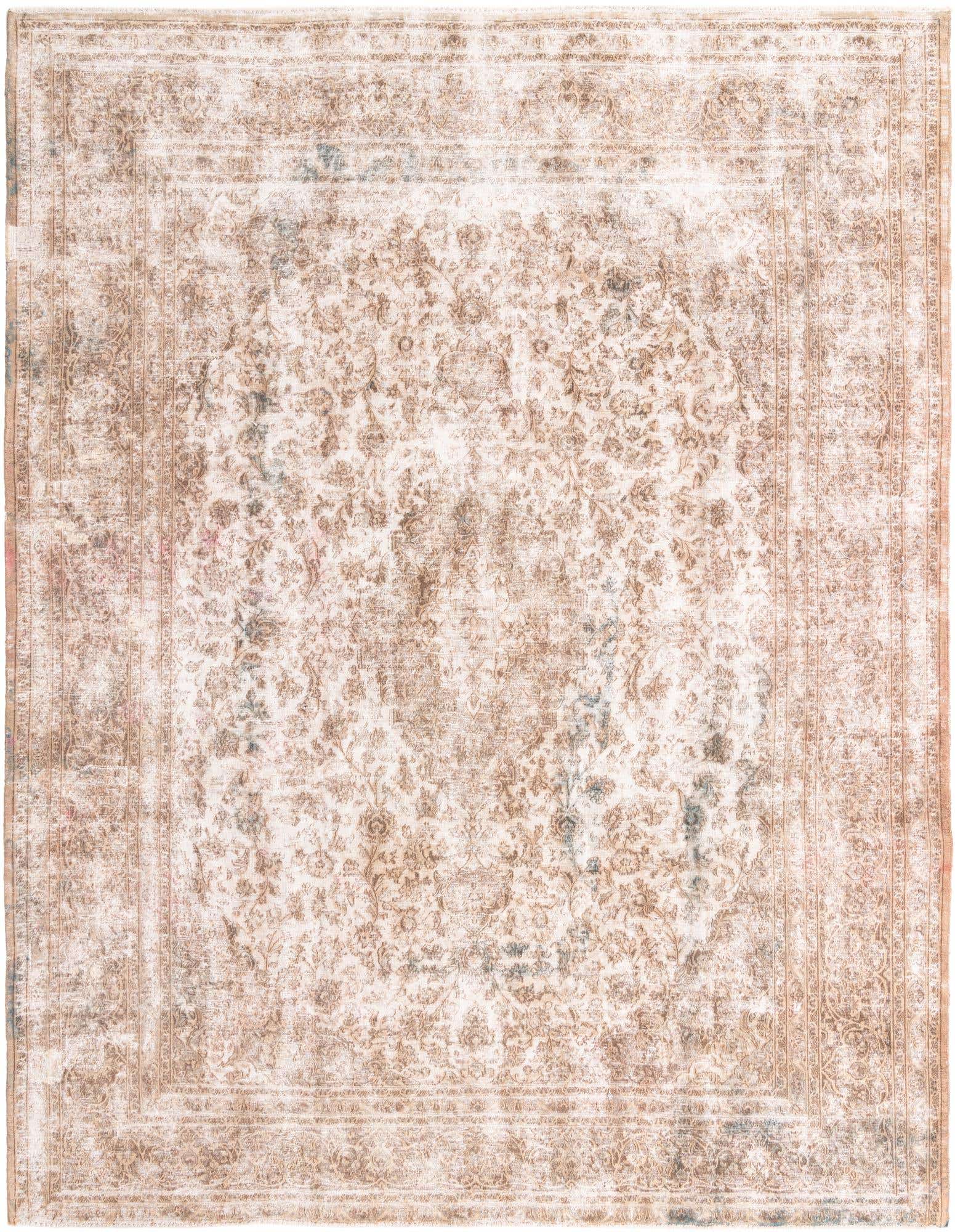 A 10x13 rectangular Rugs.com Ultra Vintage rug in browns and tans, featuring a distressed Persian medallion pattern.