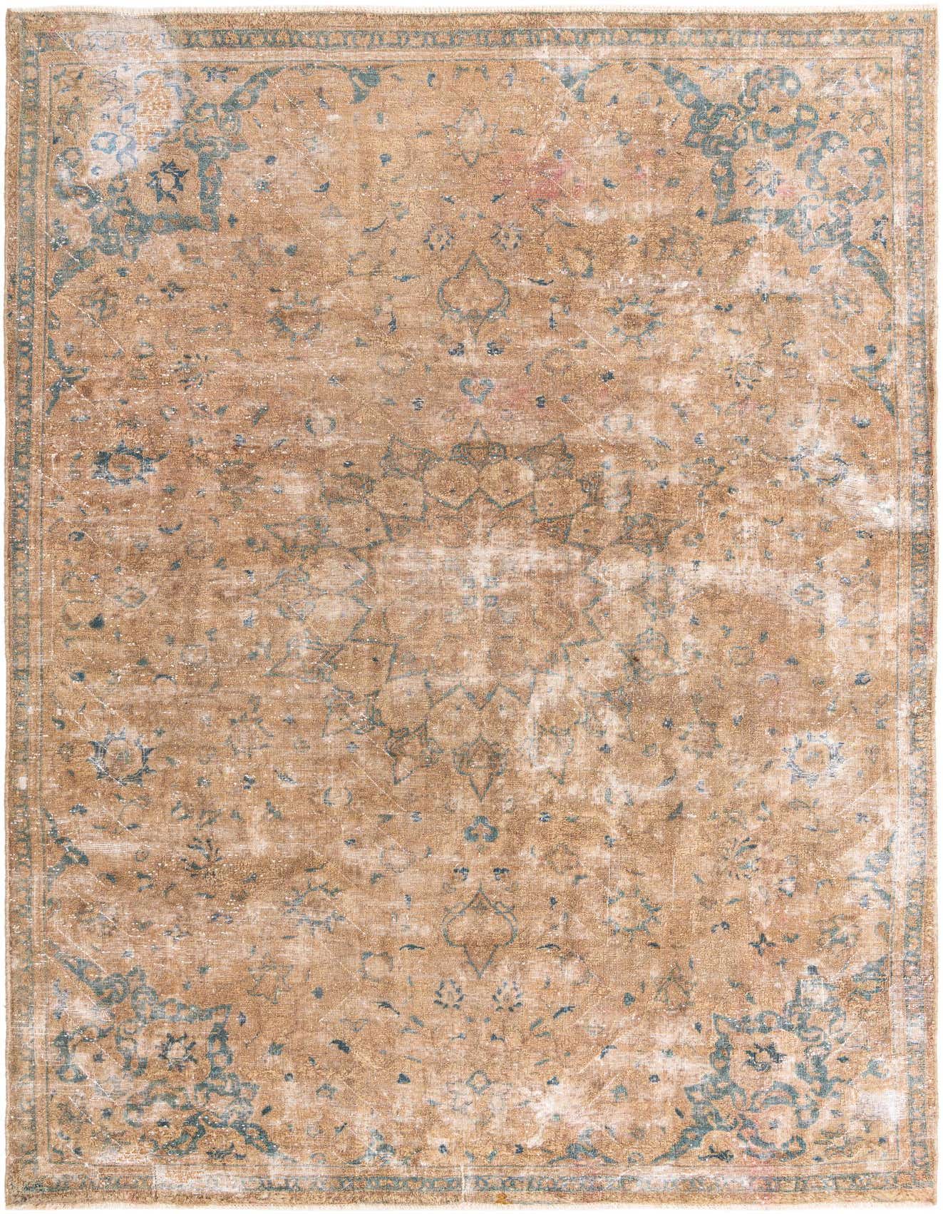 A rectangular 8x11 Ultra Vintage wool rug in shades of brown and tan with a faded Persian medallion pattern and teal accents.