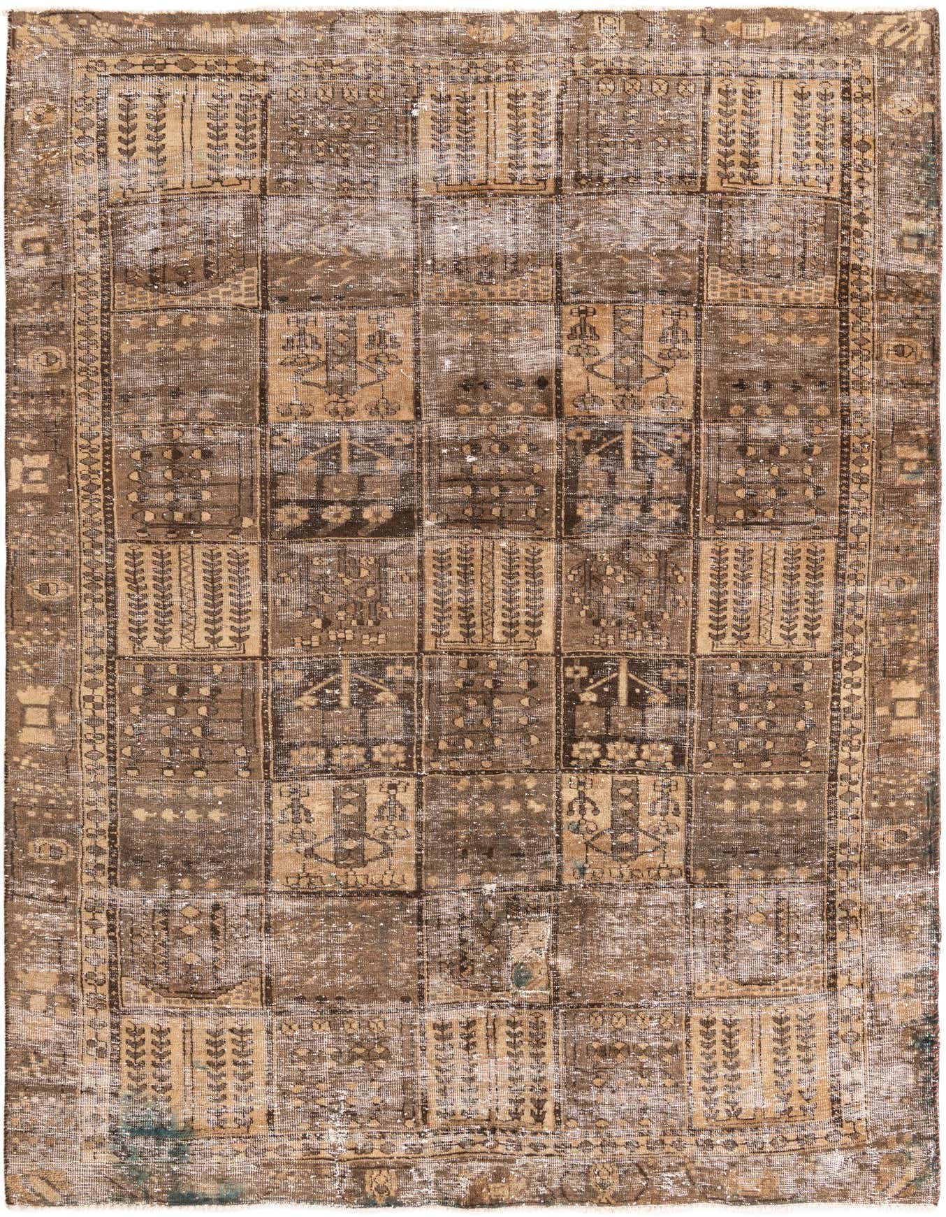A 6x9 rectangular brown and tan Persian-style rug with a distressed, checkerboard pattern and a flat pile.