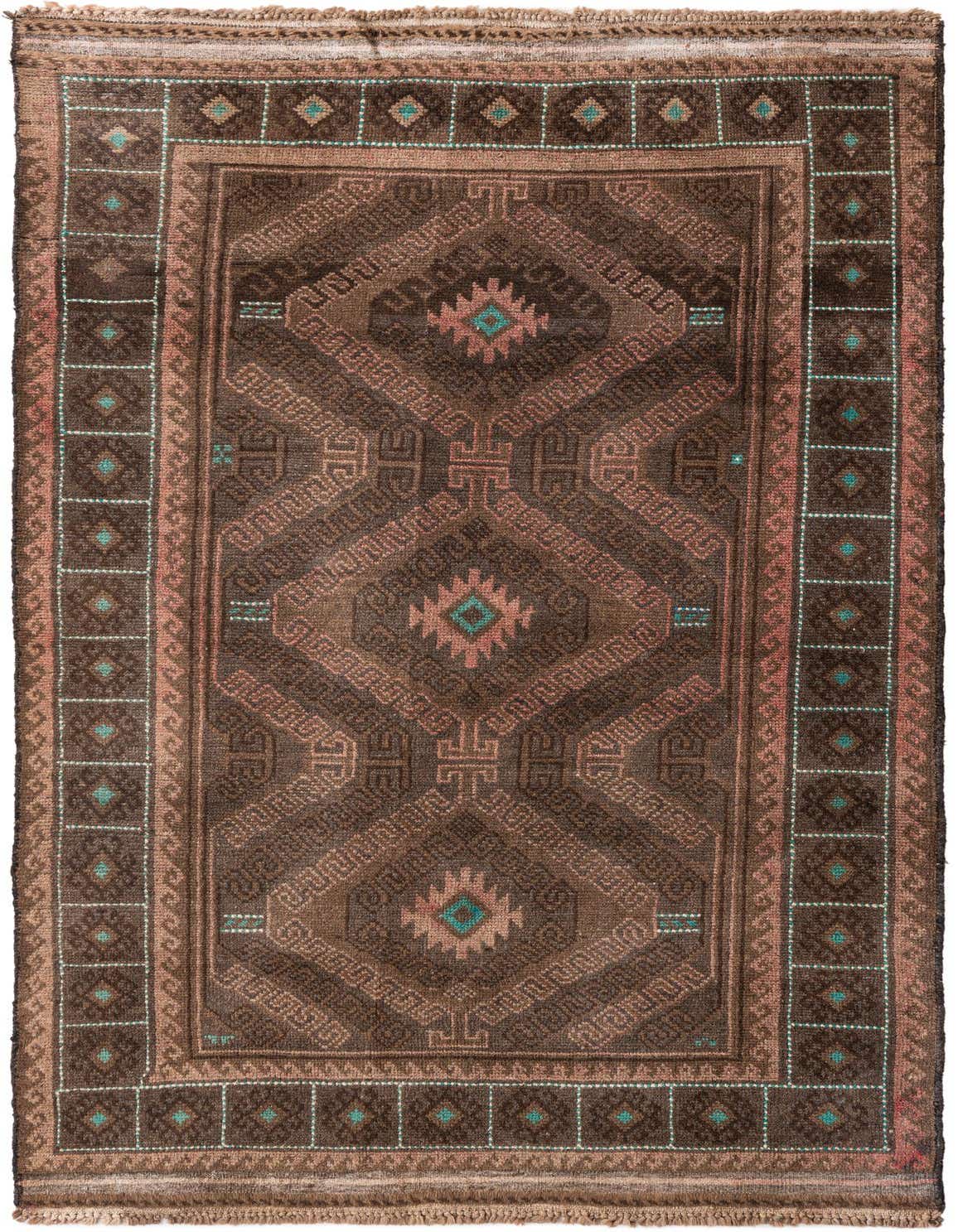 A 4x6 rectangular brown wool rug with a detailed Persian-style pattern and teal accents, suitable for a living room.
