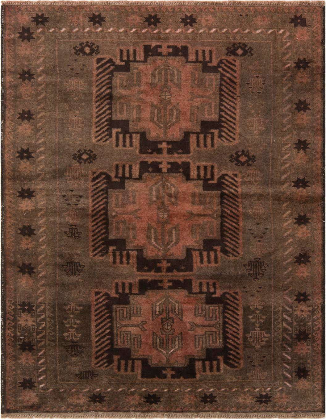 A 4x6 rectangular Ultra Vintage wool rug with a distressed brown and tan Persian pattern, featuring geometric motifs.