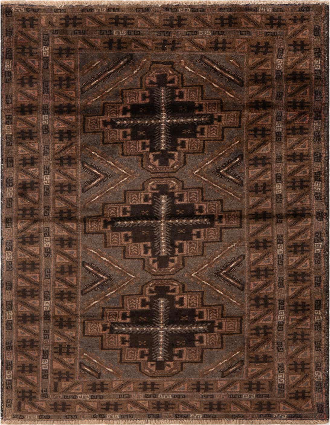 A rectangular 4x6 brown and tan Persian wool rug with a central medallion design and geometric border.