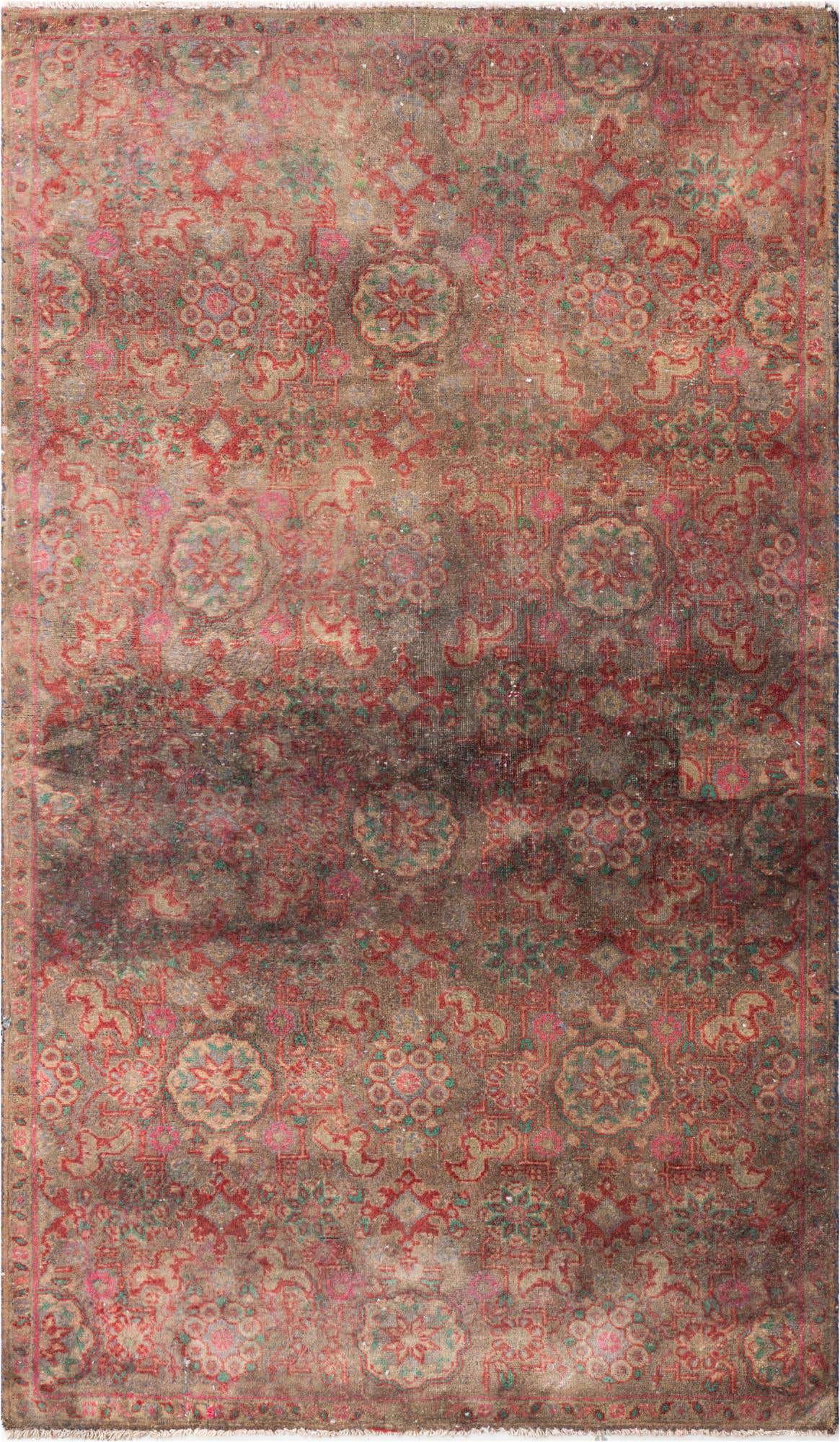 A 4x6 rectangular Ultra Vintage wool rug featuring a distressed Persian pattern in shades of brown, tan, red, and pink.