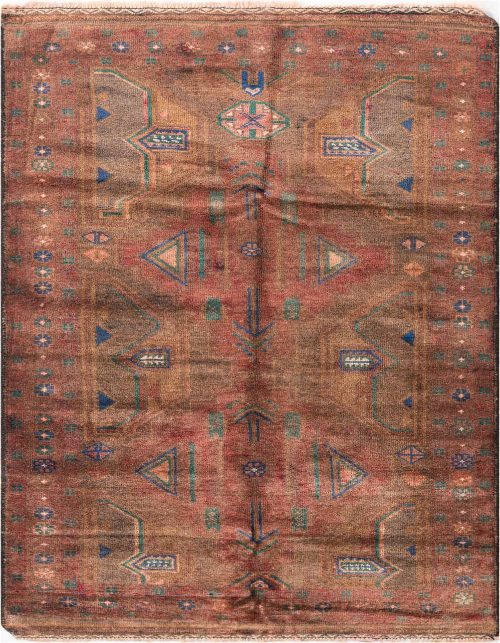 A 4x6 rectangular Ultra Vintage wool rug featuring a distressed Persian pattern in rich browns, tans, and subtle blue and green accents.