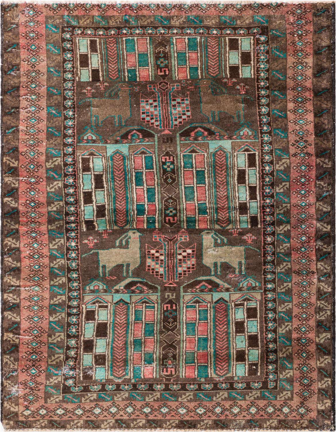 A 4x6 rectangular brown Persian rug with intricate teal, pink, and tan geometric patterns and stylized animal motifs.