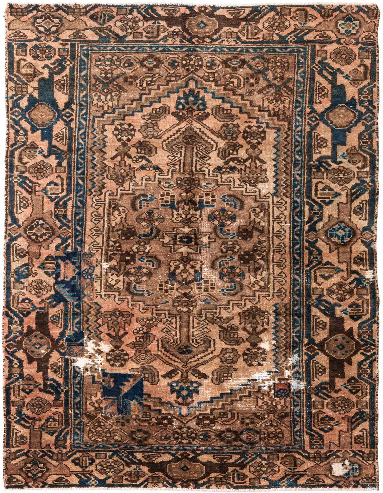A 4x6 rectangular Ultra Vintage Persian rug in shades of brown and tan with a central medallion and intricate blue accents, showing a flat pile.