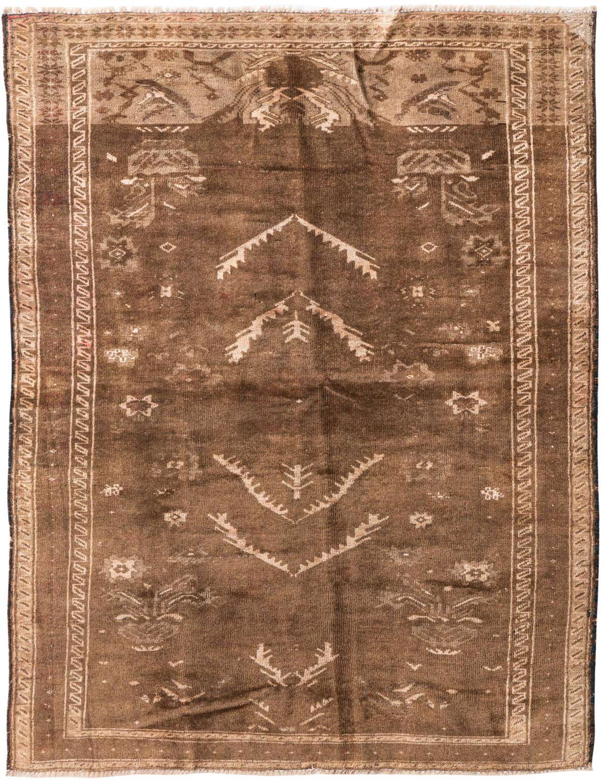 A 4x6 rectangular brown and tan Persian-style wool rug with a distressed vintage pattern, suitable for a living room.