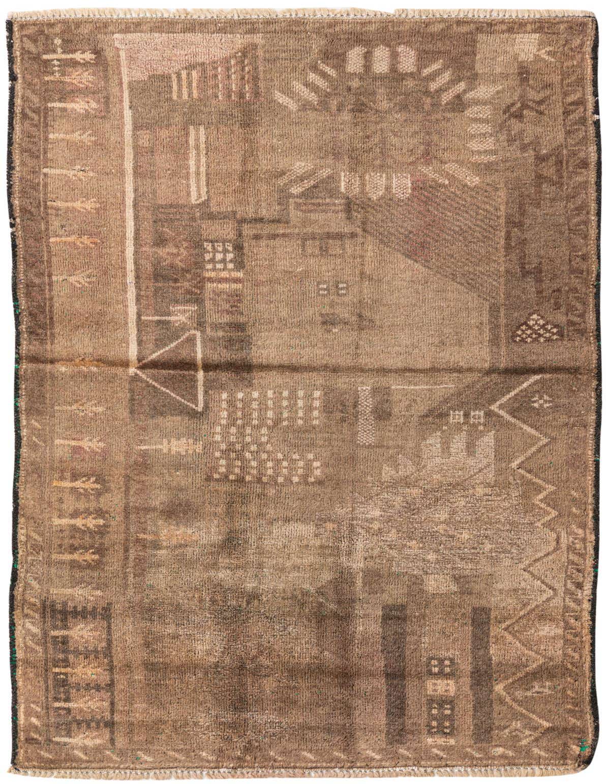 A 3x5 rectangular brown and tan wool rug with a distressed Persian-modern pattern, suitable for an entryway.