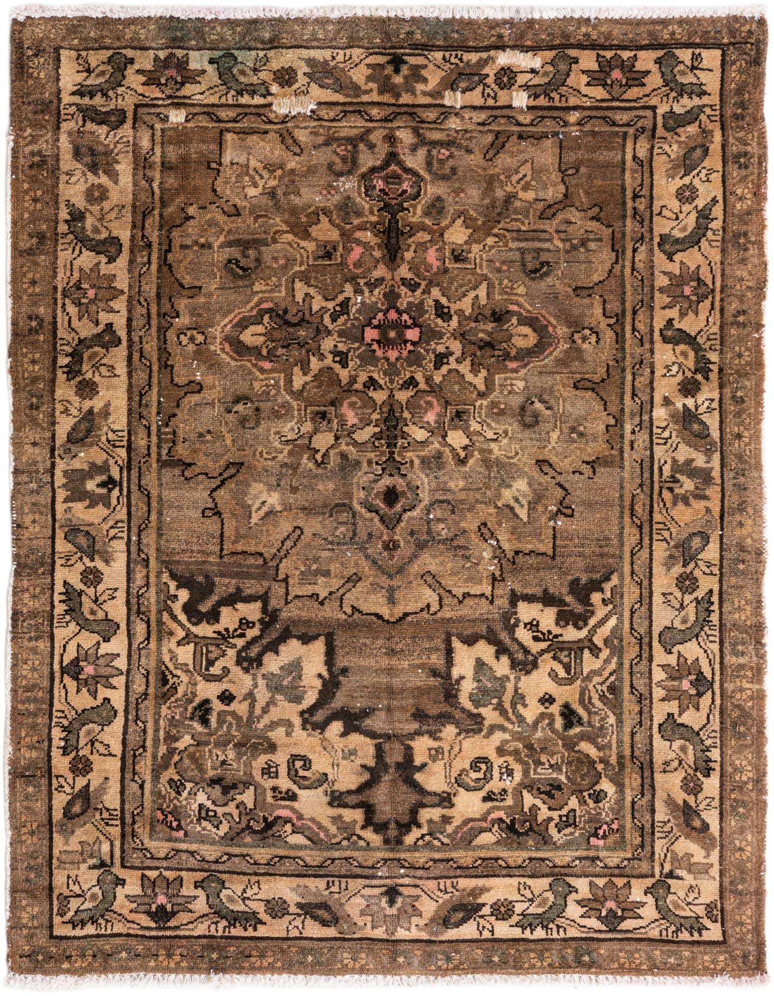 A 4x6 rectangular Ultra Vintage wool rug with a distressed Persian pattern in shades of brown, tan, and subtle pink.