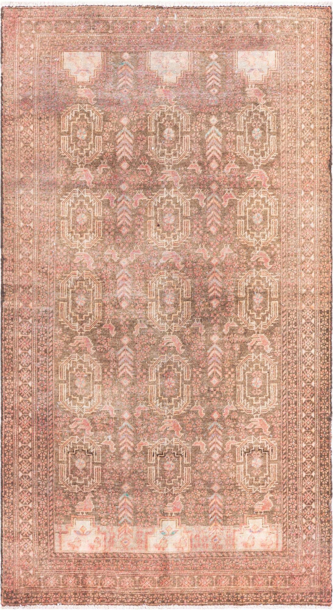 A 3x5 rectangular brown and tan Persian rug with a vintage medallion pattern, suitable for an entryway.