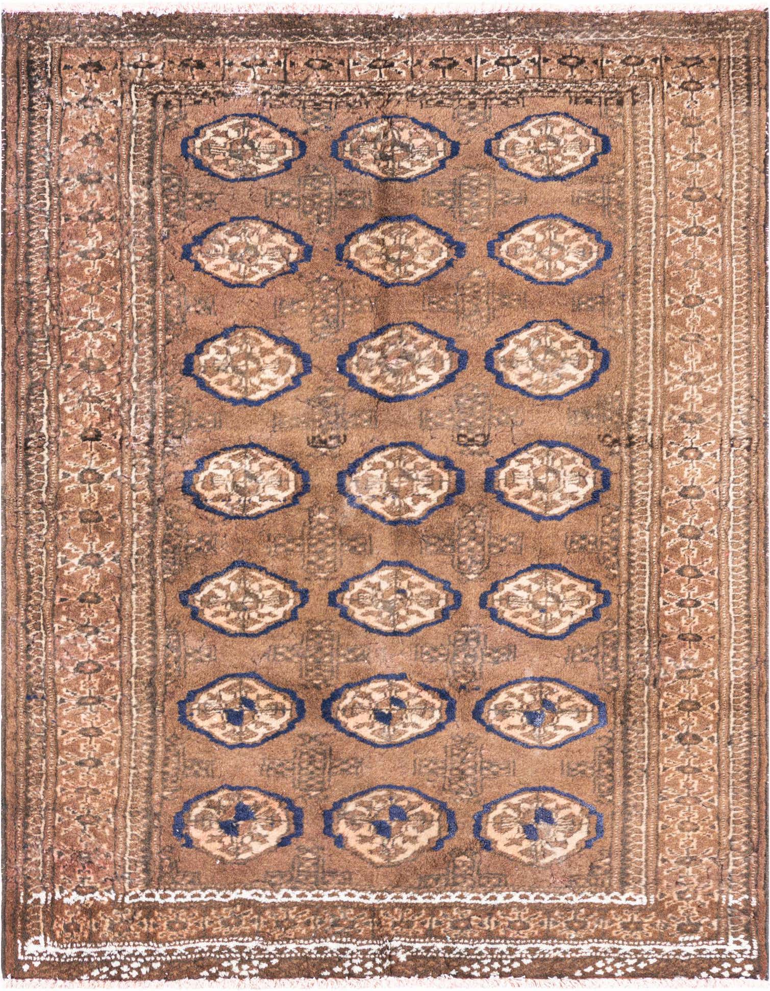 A 3x5 rectangular brown wool rug with a vintage Persian design featuring repeating tan and blue medallion patterns, ideal for an entryway.