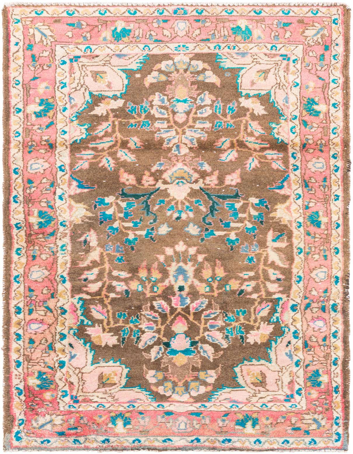 A 3x5 rectangular brown Persian rug with a central medallion and ornate floral patterns in pink, blue, and tan.