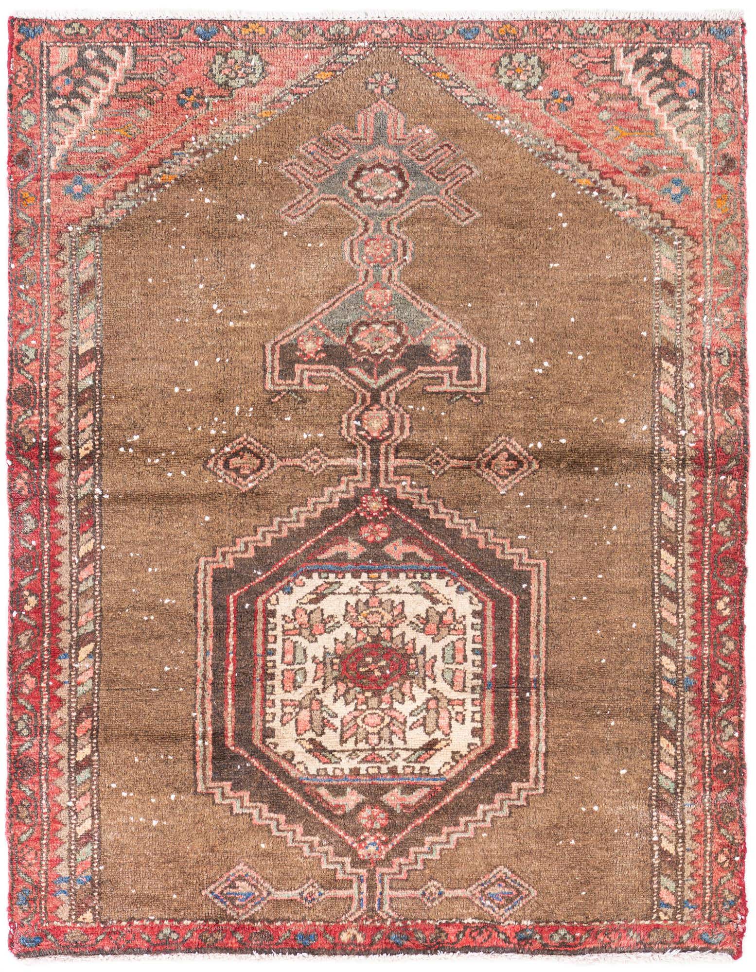 A 3x4 rectangular brown wool rug with a central medallion and intricate Persian patterns in red, blue, and tan.