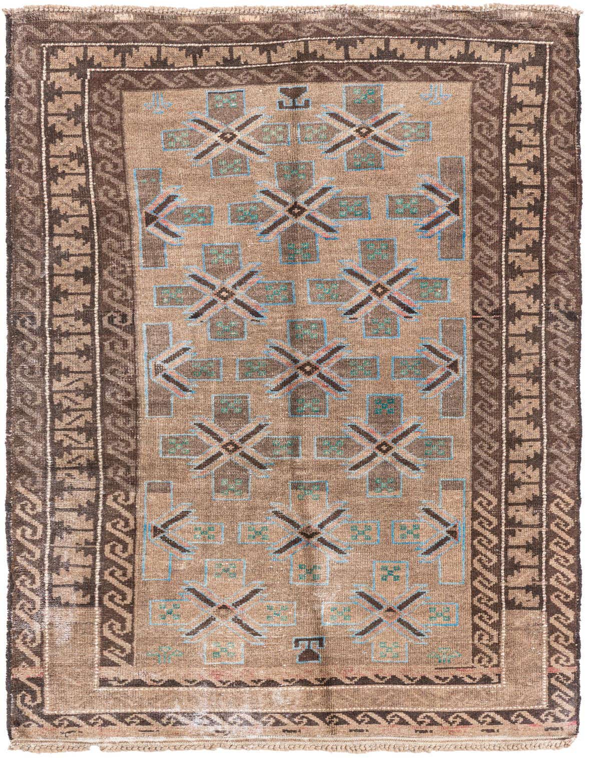 A 4x6 rectangular brown and tan wool rug with a Persian-inspired geometric pattern and a dark border.