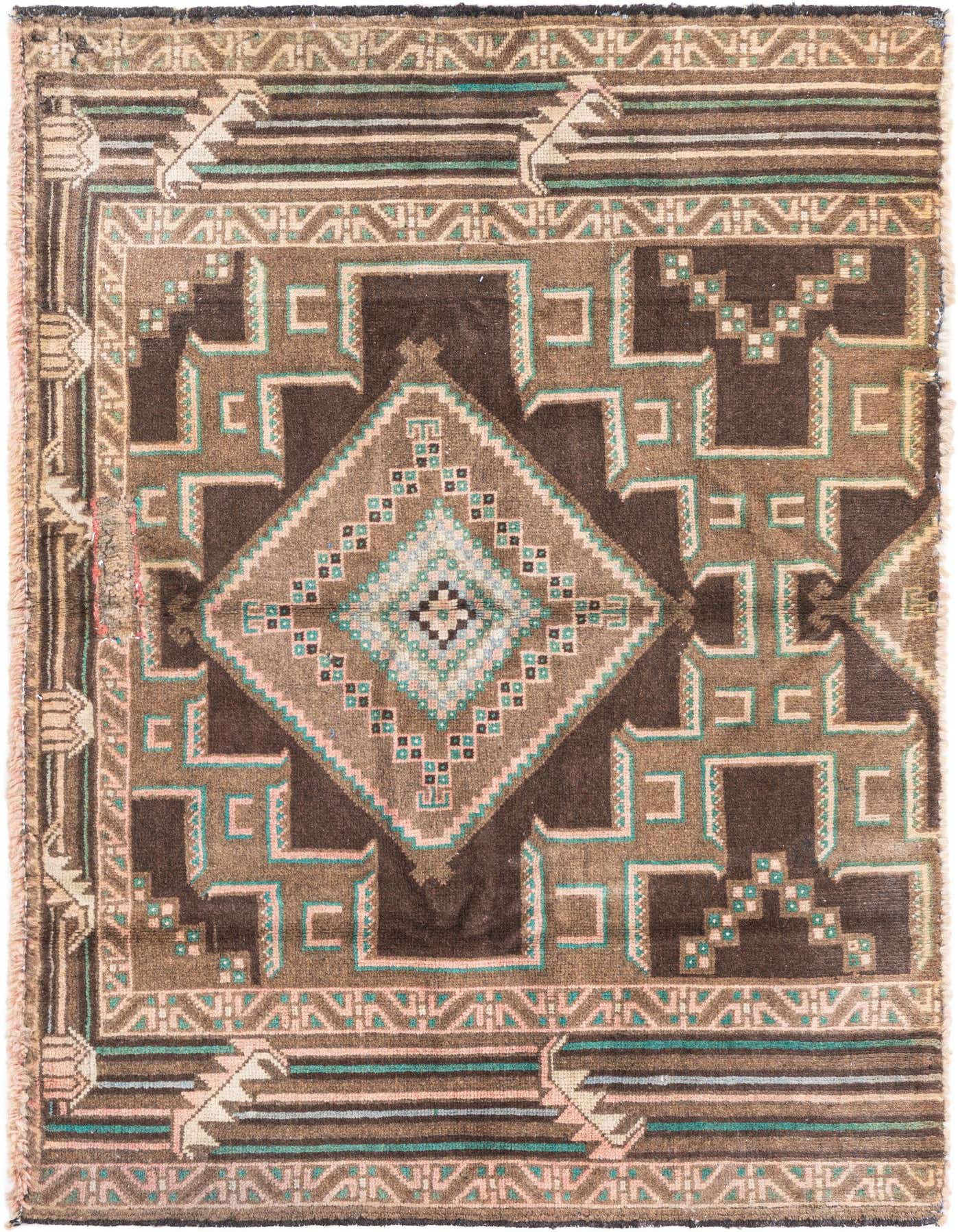A 3x4 rectangular Ultra Vintage wool rug featuring a central medallion and geometric patterns in shades of brown, tan, and teal.