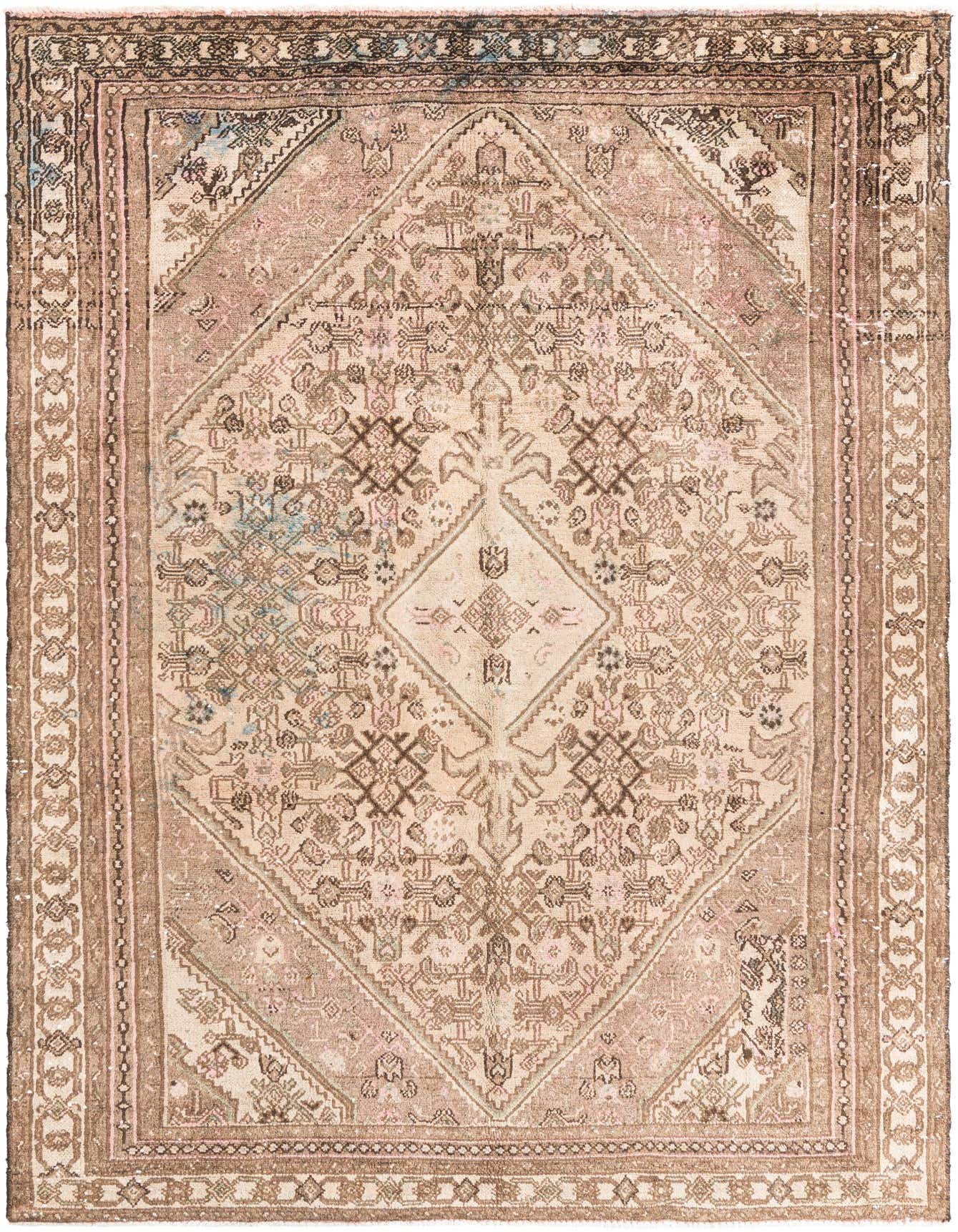 A 6x9 rectangular Ultra Vintage Persian wool rug in shades of brown and tan, featuring a central medallion and intricate patterns.