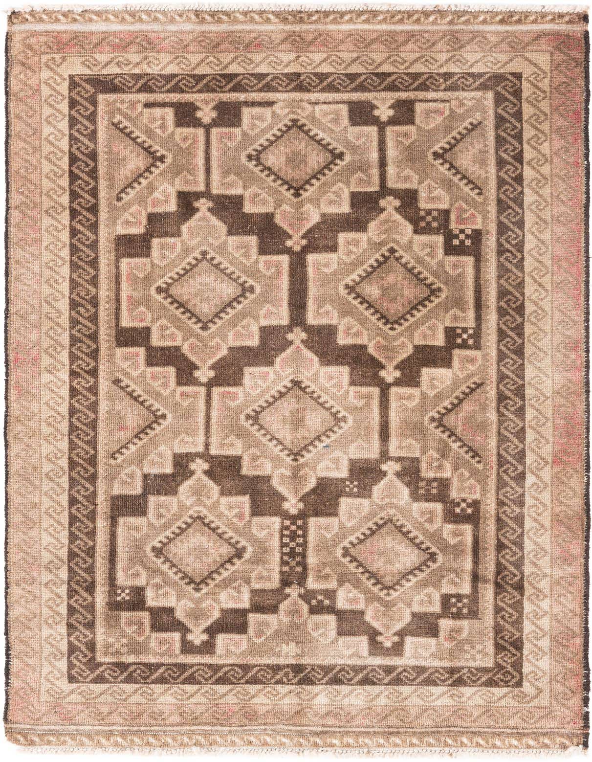 A rectangular 4x6 brown and tan Persian-style wool rug with a geometric pattern, ideal for a living room.