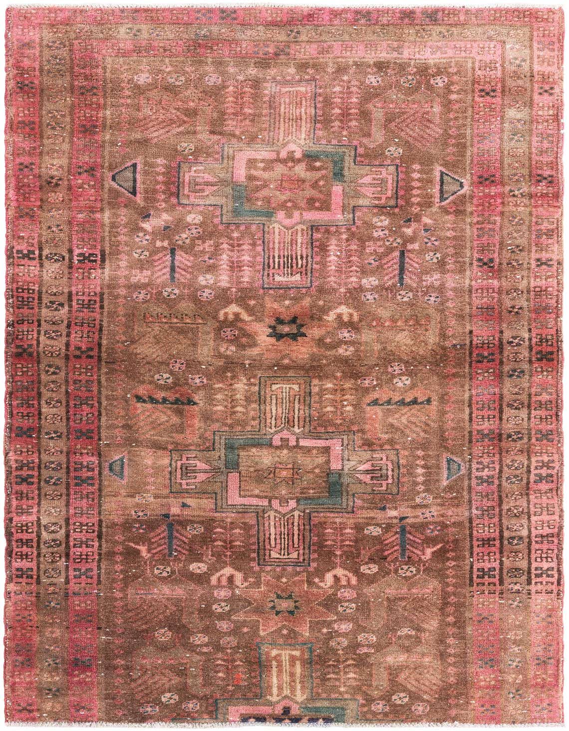 A 5x8 rectangular brown Persian rug with a faded vintage look, featuring a central medallion and geometric patterns in shades of pink, tan, and muted teal.
