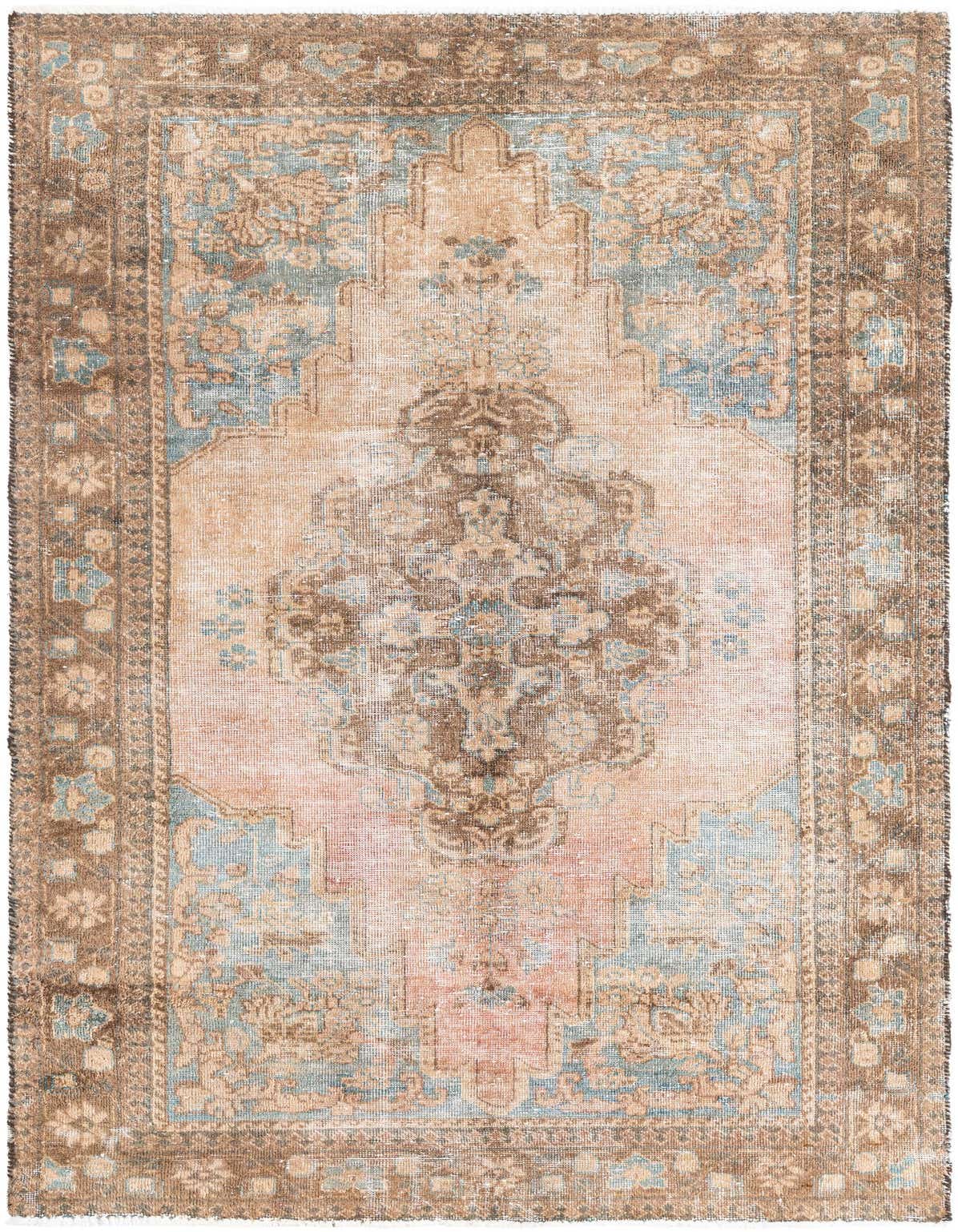 A 5x8 rectangular Ultra Vintage wool rug featuring a distressed Persian medallion pattern in brown, tan, and light blue.