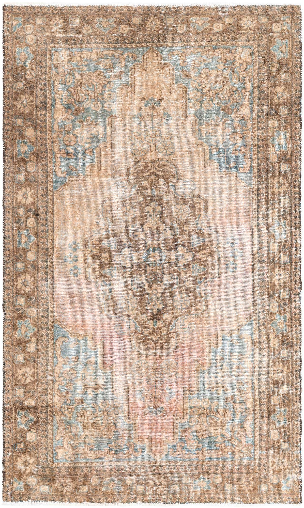 A 5x8 rectangular Ultra Vintage wool rug featuring a distressed Persian medallion pattern in brown, tan, and light blue.