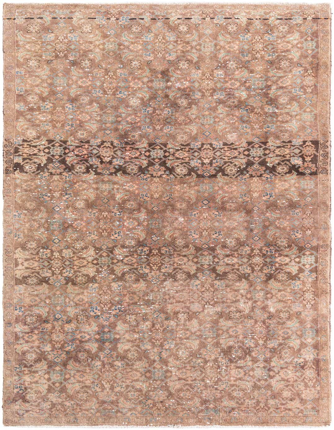 A 5x8 rectangular Ultra Vintage Persian rug in shades of brown and tan, featuring an intricate floral and medallion pattern with distressed details.