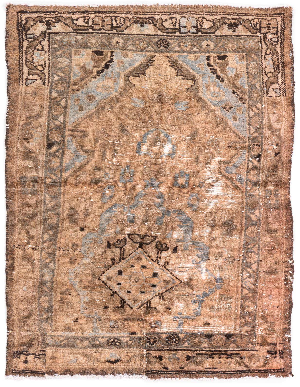 A 3x5 rectangular brown and tan Persian rug with distressed blue and black patterns, suitable for an entryway.