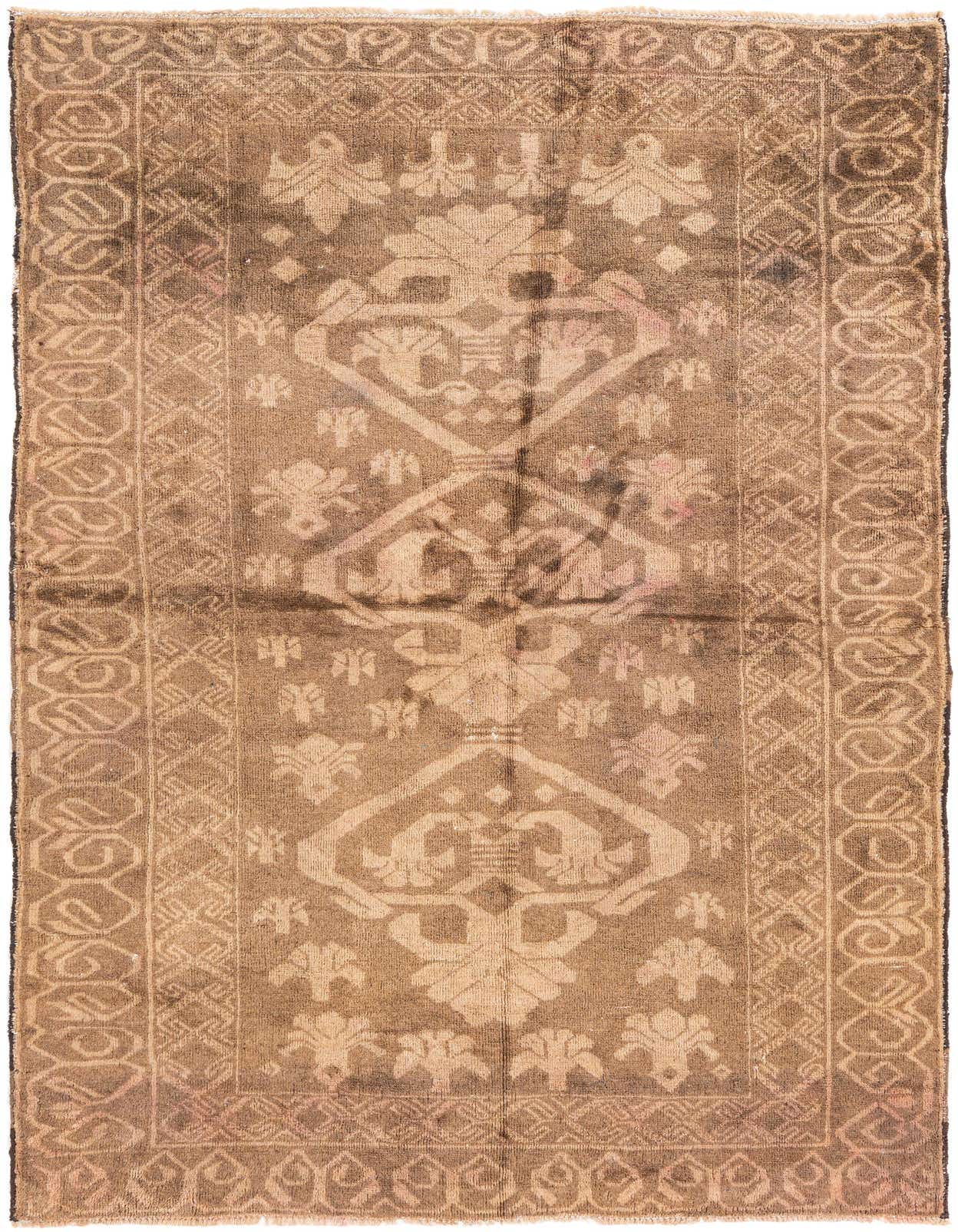 A 4x6 rectangular brown and tan Persian-style wool rug with a central medallion and ornate border.