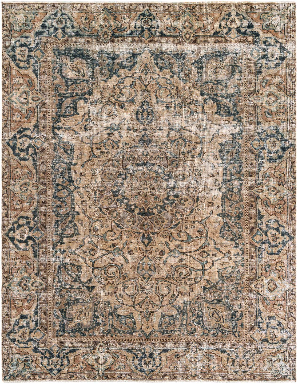 A 6x9 rectangular Ultra Vintage rug featuring a distressed Persian medallion pattern in shades of brown, tan, and faded blue.
