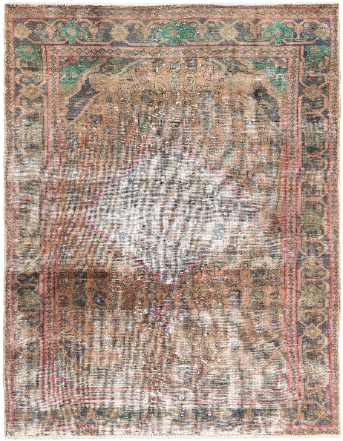 A 4x6 rectangular brown and tan Persian rug with a faded medallion pattern and green and pink accents.