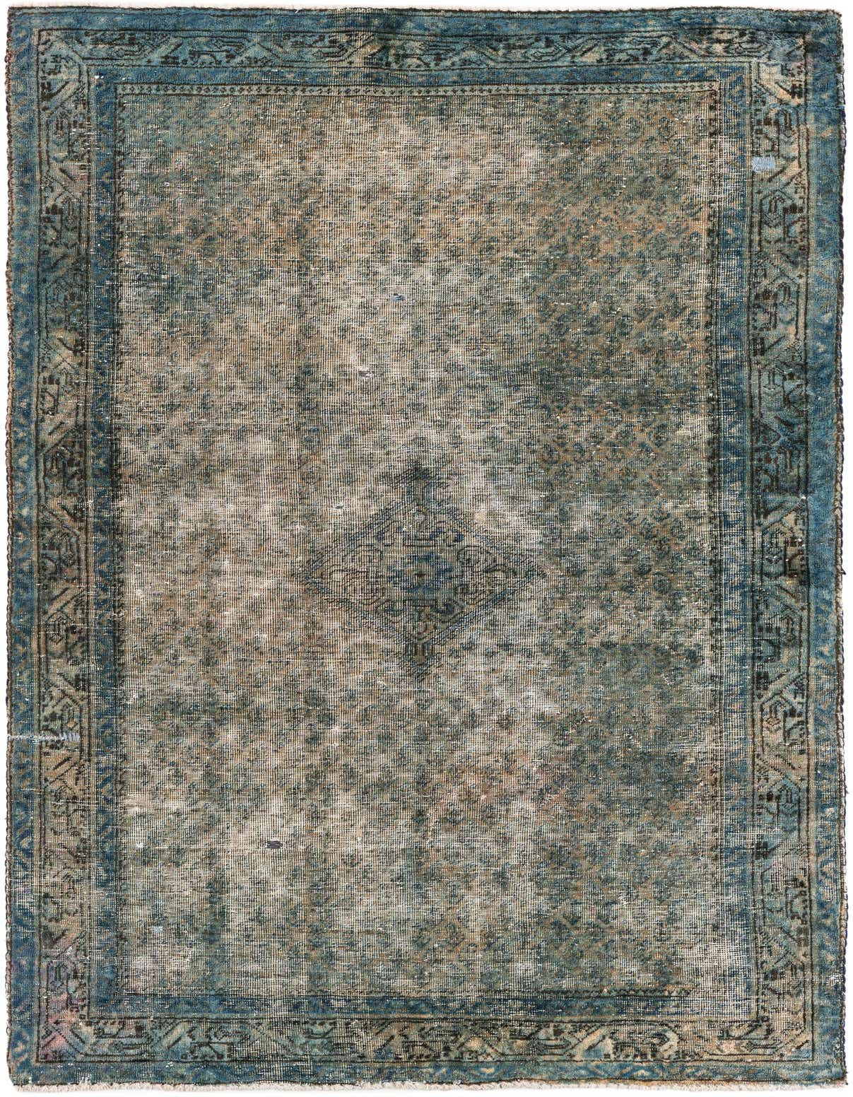 A 4x6 rectangular brown Persian rug with a faded, distressed medallion pattern and a blue border.