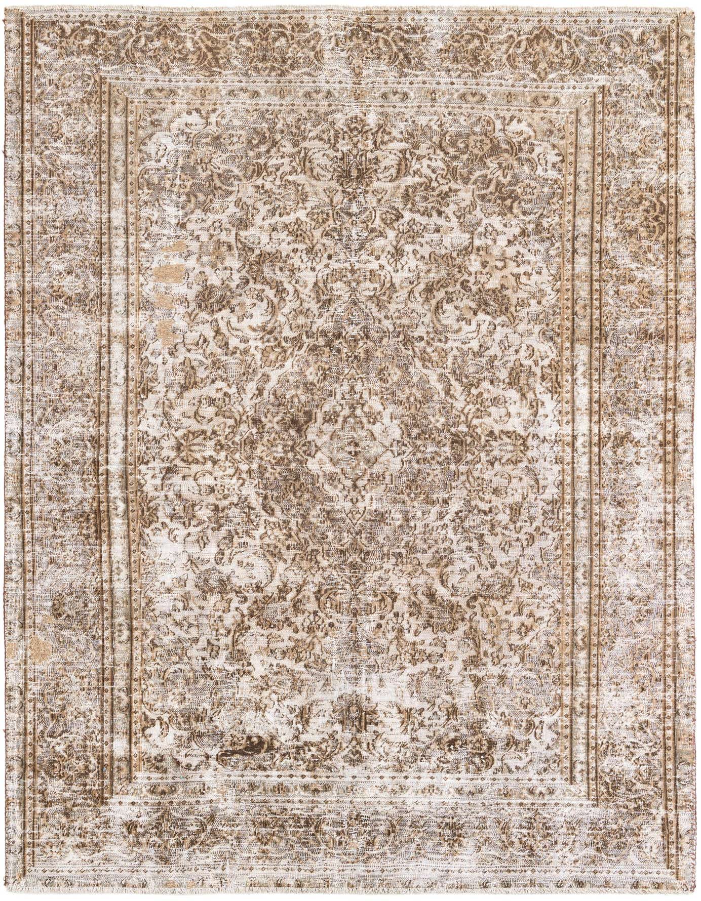 A 6x9 rectangular brown and tan Persian-style wool rug with a distressed medallion pattern, ideal for a living room.