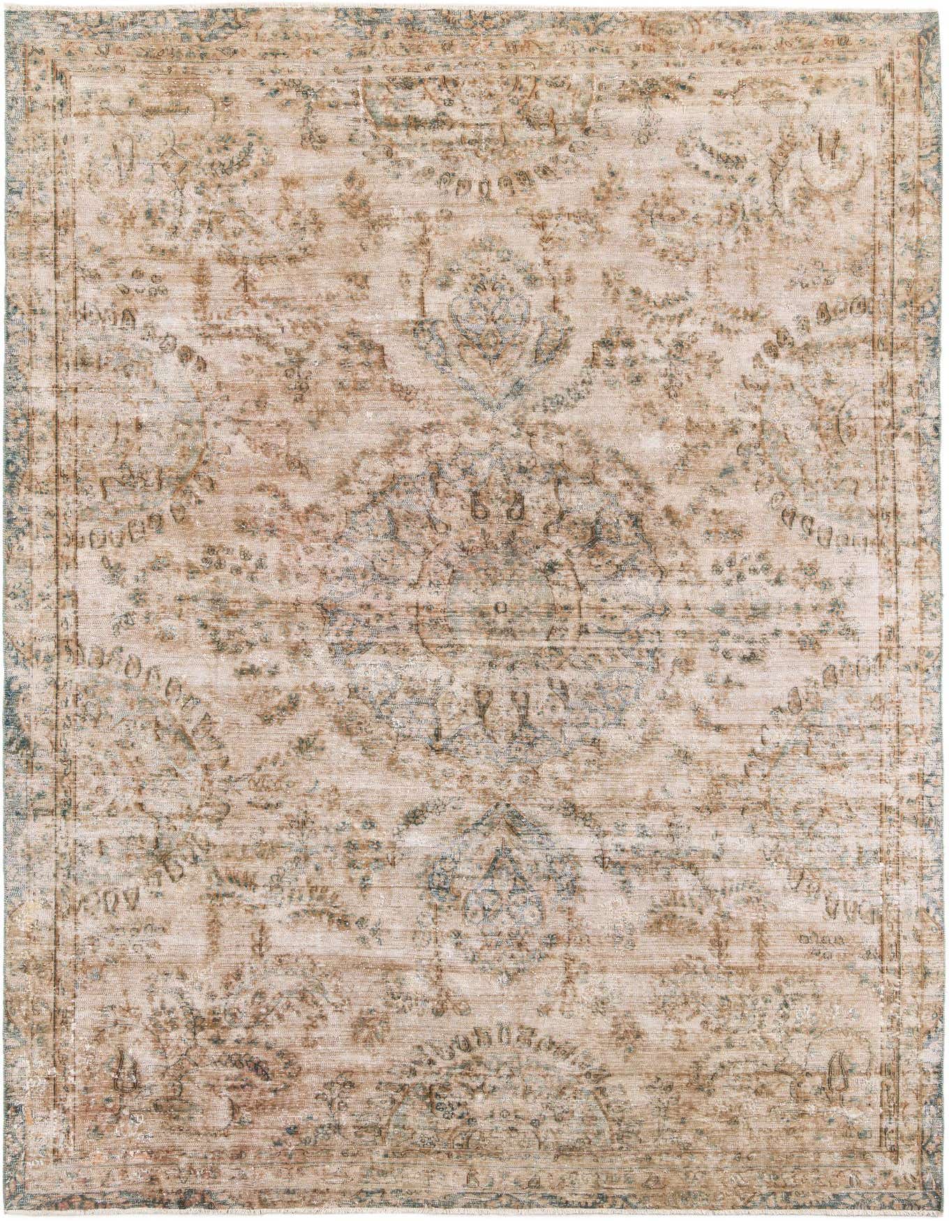 An 8x11 rectangular Ultra Vintage wool rug in browns and tans with a distressed Persian medallion pattern.