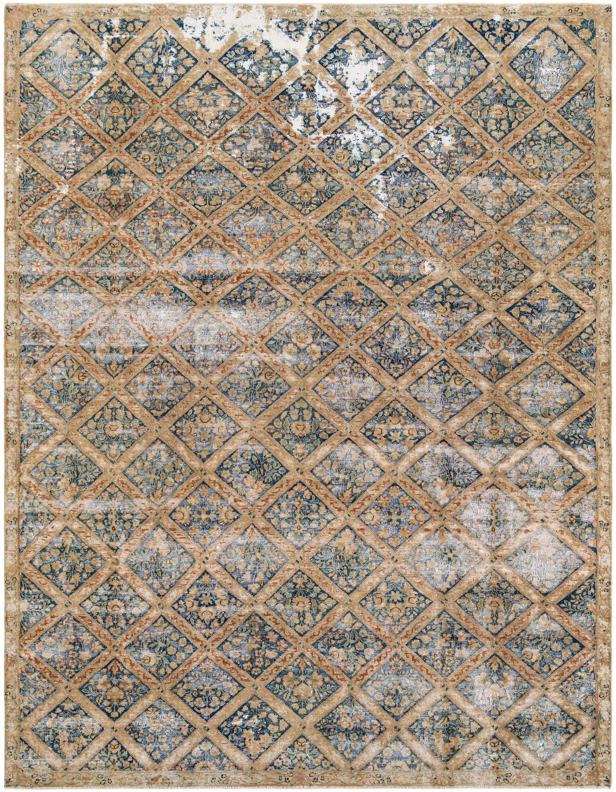 A 7x10 rectangular Ultra Vintage wool rug featuring a distressed Persian diamond lattice pattern in shades of brown, tan, and faded blue.