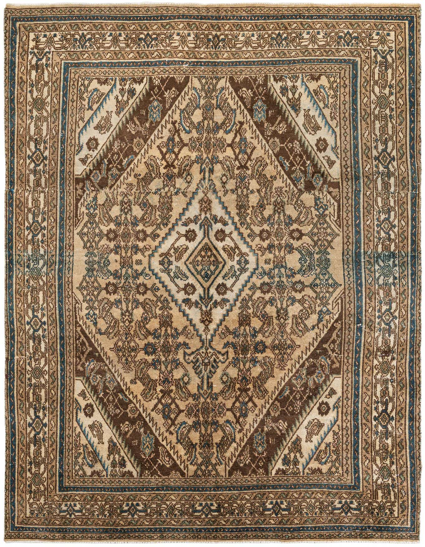 A 6x9 rectangular Ultra Vintage wool rug with a central medallion in brown, tan, and blue Persian patterns.