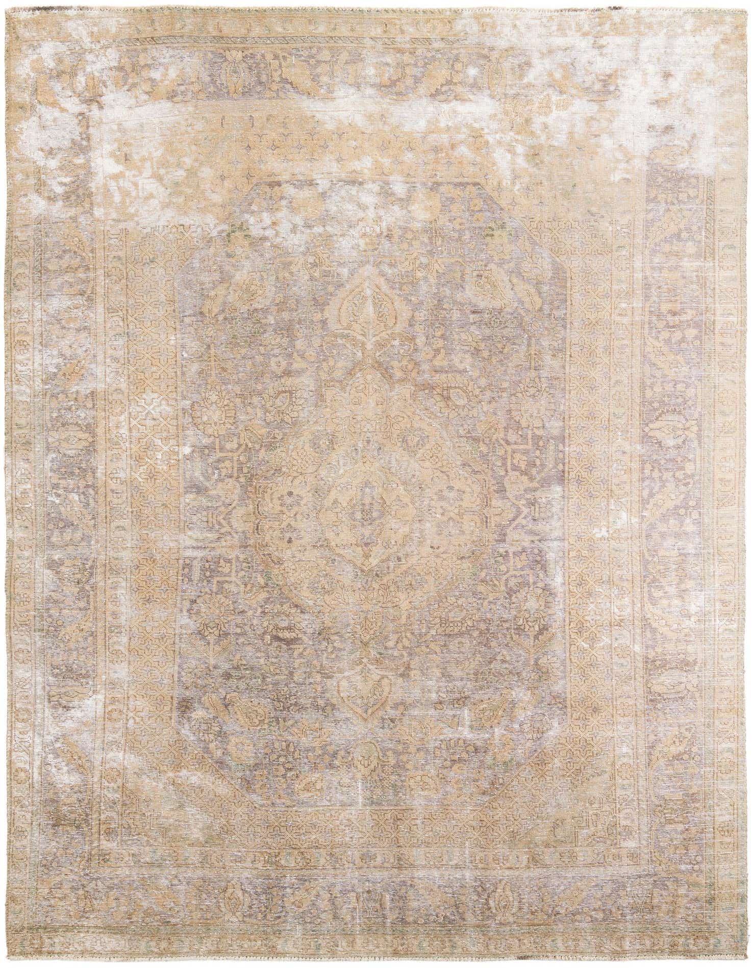 An 8x11 rectangular Ultra Vintage wool rug in browns and tans with a distressed Persian medallion pattern.