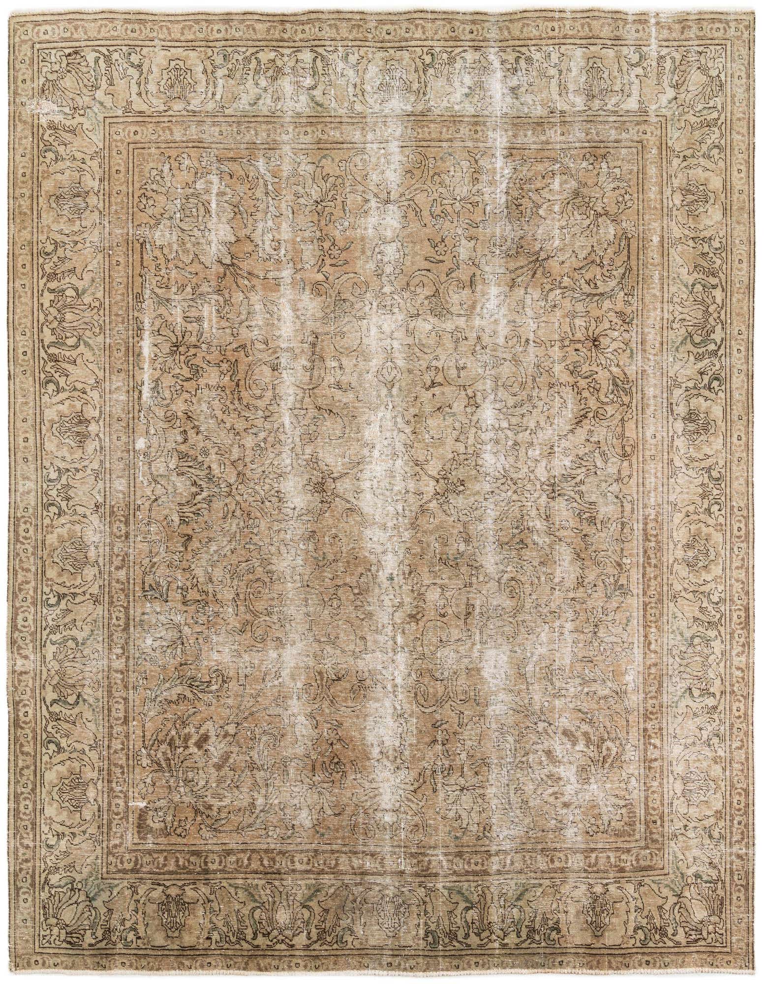 A 9x11 rectangular brown and tan Persian-style wool rug with a faded medallion pattern and ornate border.