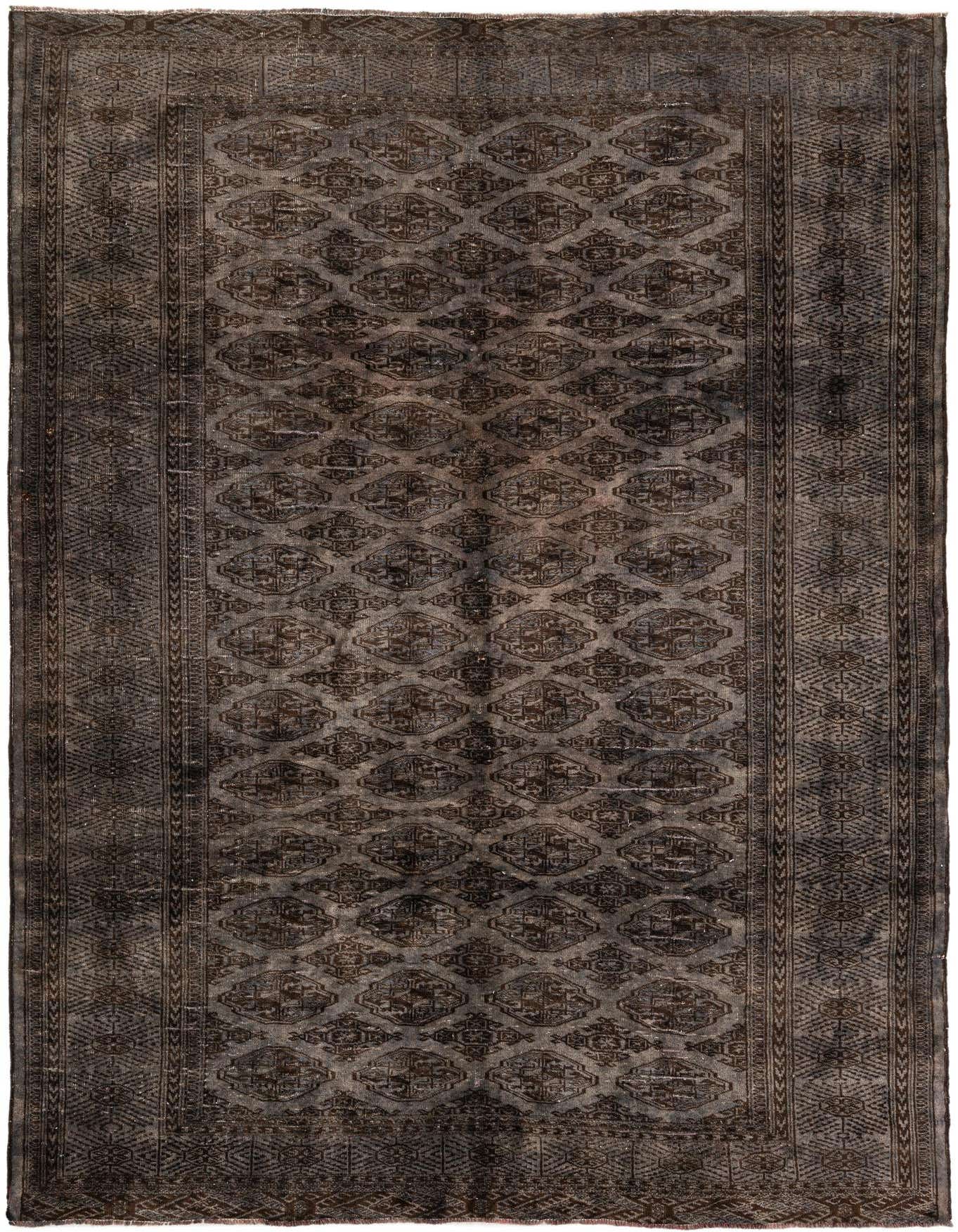 A rectangular 7x10 brown Persian-style wool rug with a distressed vintage look and intricate geometric patterns.