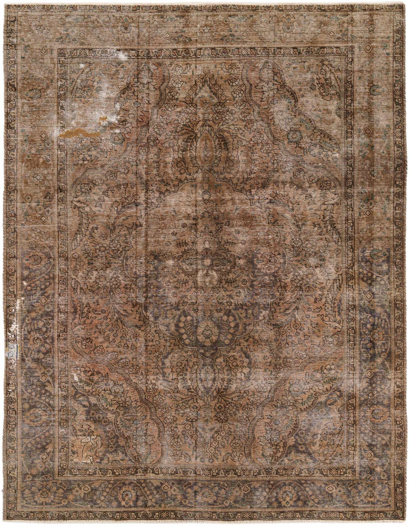 A 6x9 rectangular brown and tan Persian-style wool rug with a faded medallion pattern, suitable for a living room.