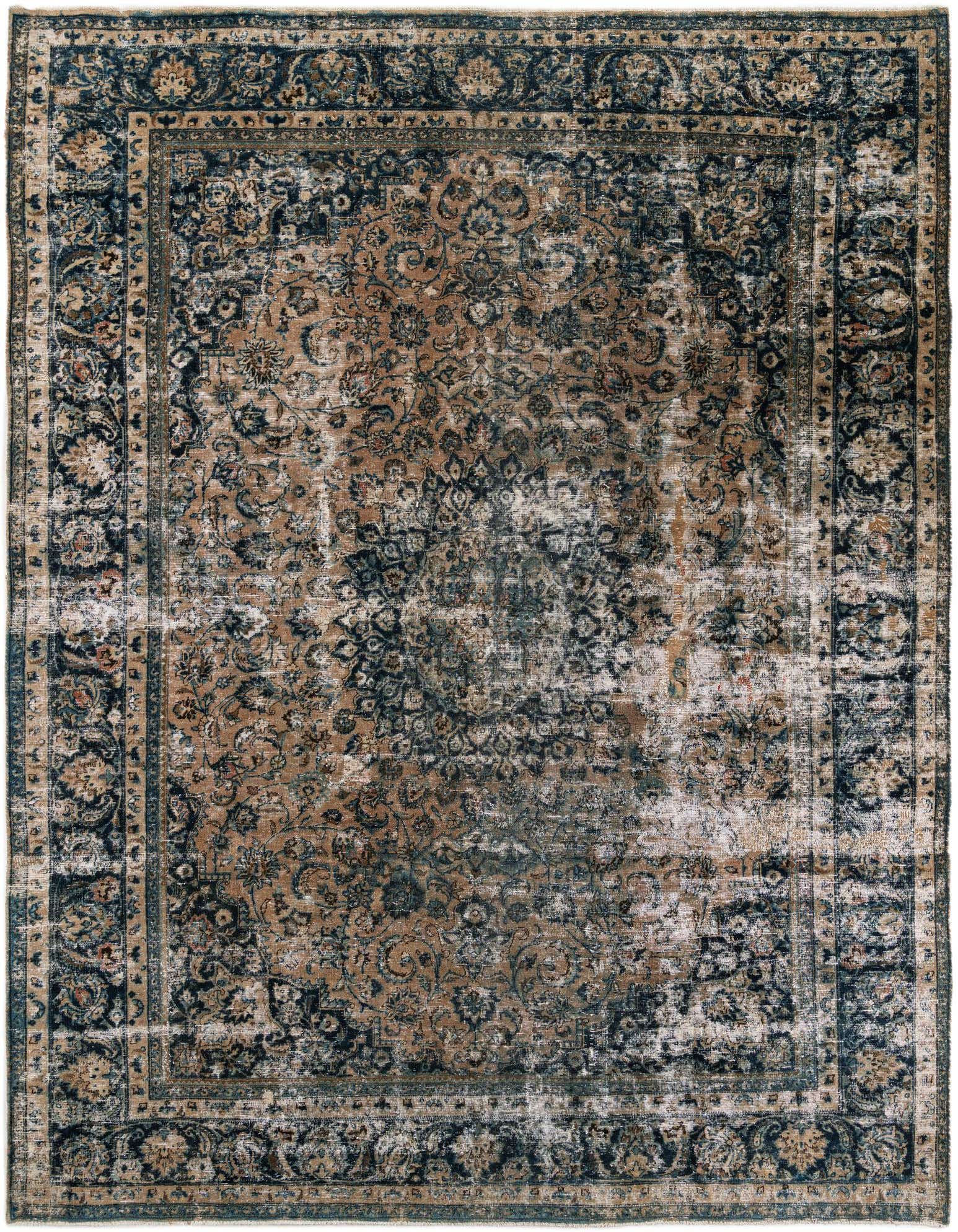 A 10x13 rectangular brown and blue Persian-style rug with a distressed medallion pattern, perfect for a living room.