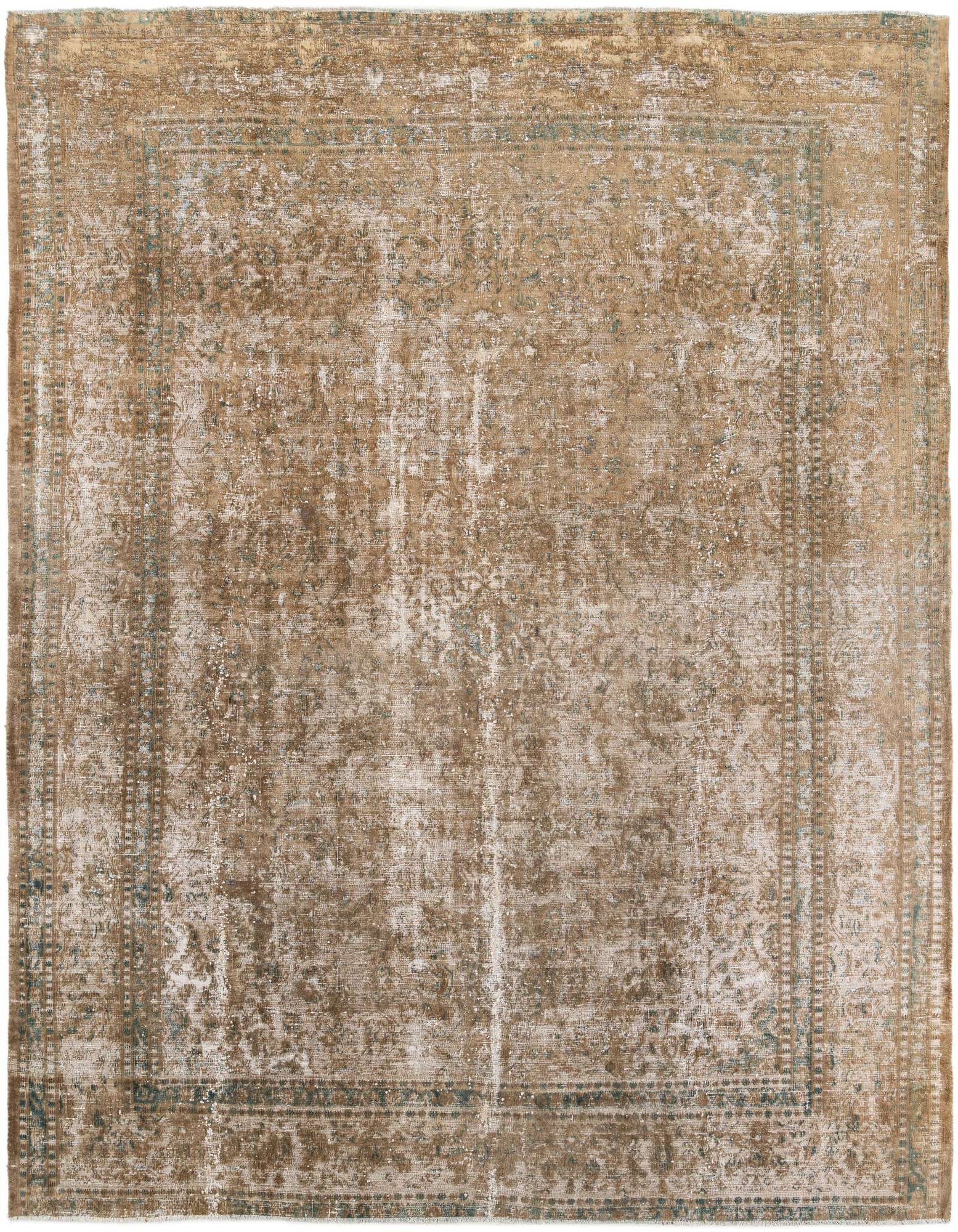 A 10x12 rectangular brown and tan Persian-style wool rug with a distressed vintage medallion pattern and subtle teal accents.