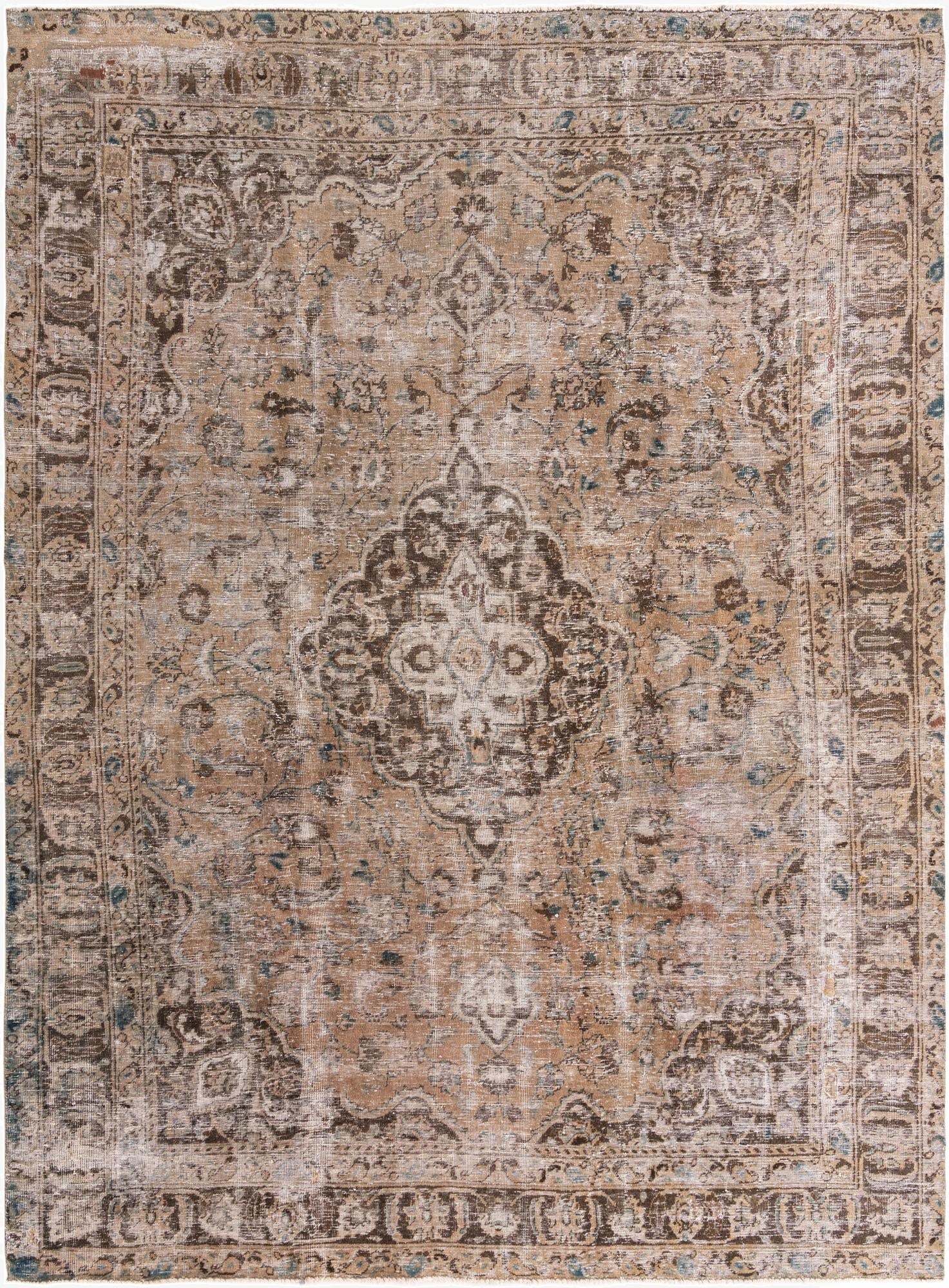 A 10x13 rectangular brown and tan Persian-style wool rug with a distressed vintage medallion pattern, ideal for a living room.