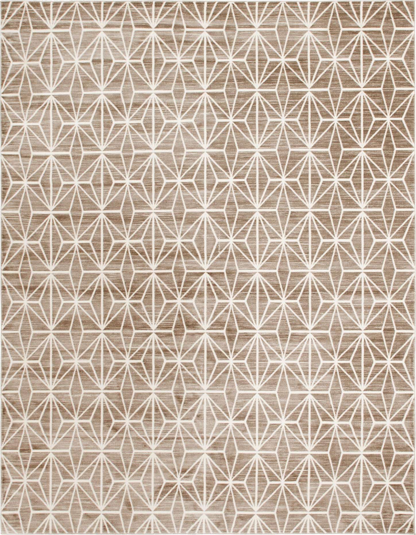 A 9x12 rectangular brown and tan area rug with a modern geometric diamond pattern, suitable for a living room.