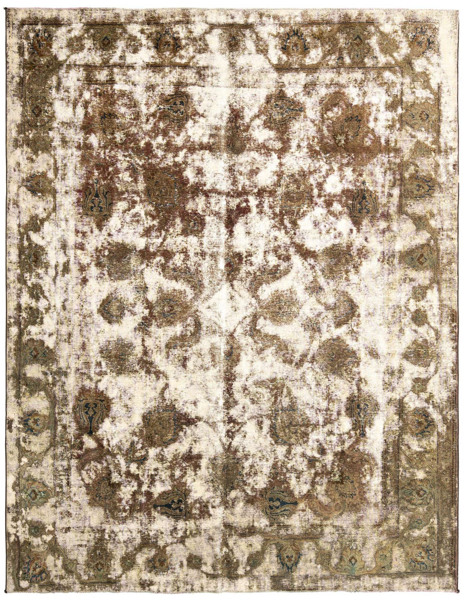 A 10x12 rectangular Rugs.com Vintage Royal wool rug with a distressed Persian pattern in browns and tans.