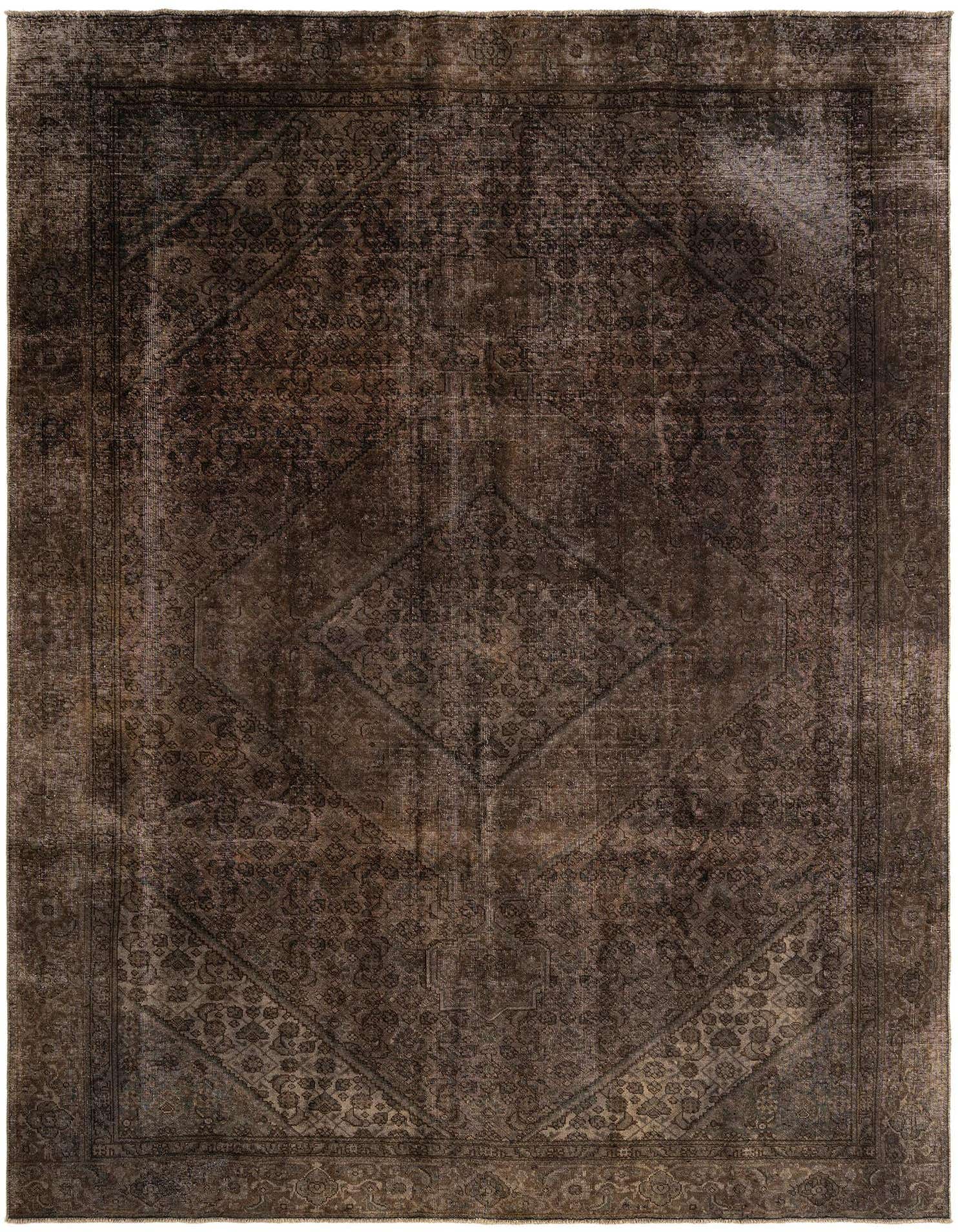 A 9x12 rectangular Rugs.com Vintage Royal Persian rug in shades of brown and tan, featuring a distressed traditional pattern.