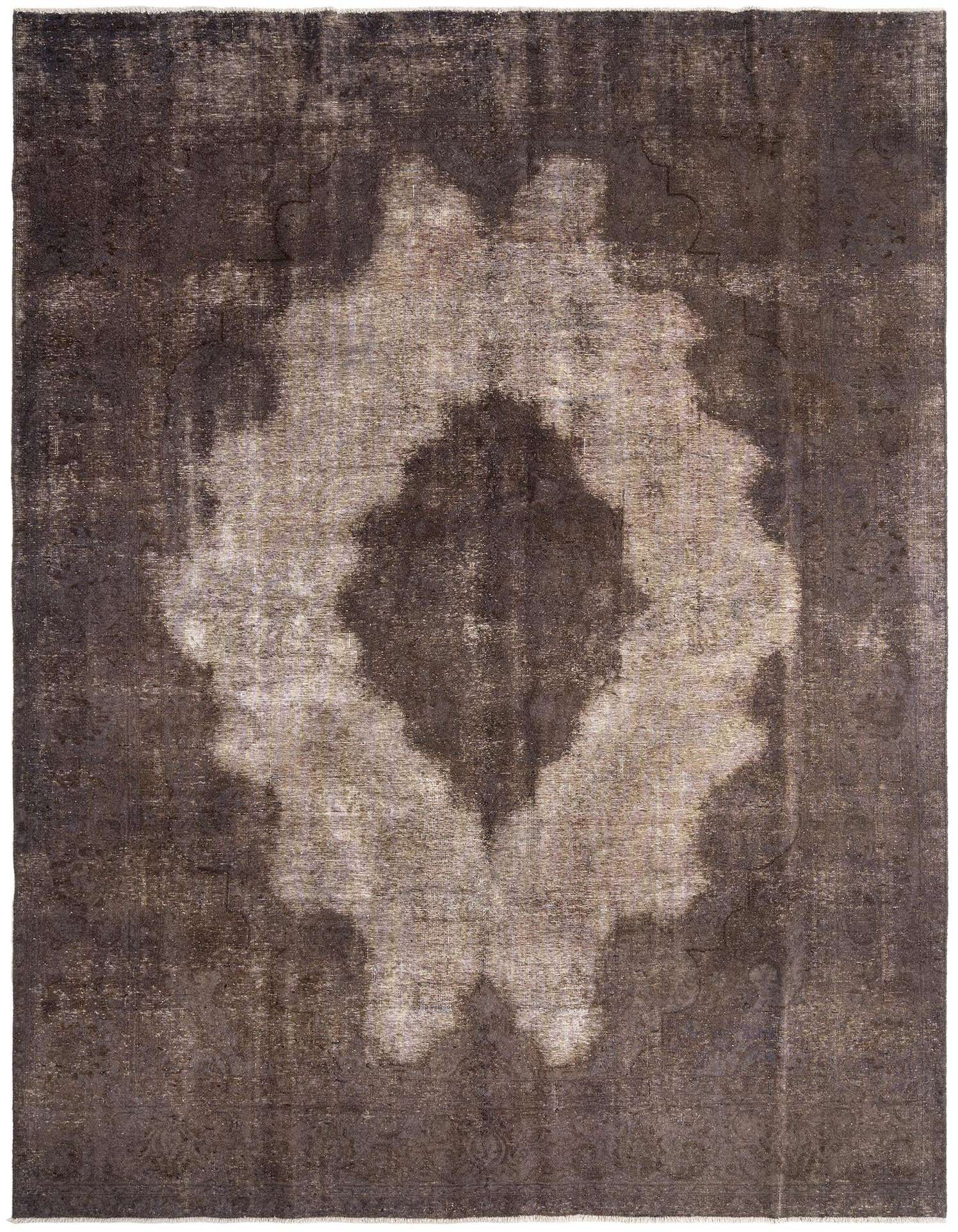 A 9x12 rectangular Rugs.com Vintage Royal area rug in varying shades of brown and tan, featuring a distressed Persian medallion pattern.