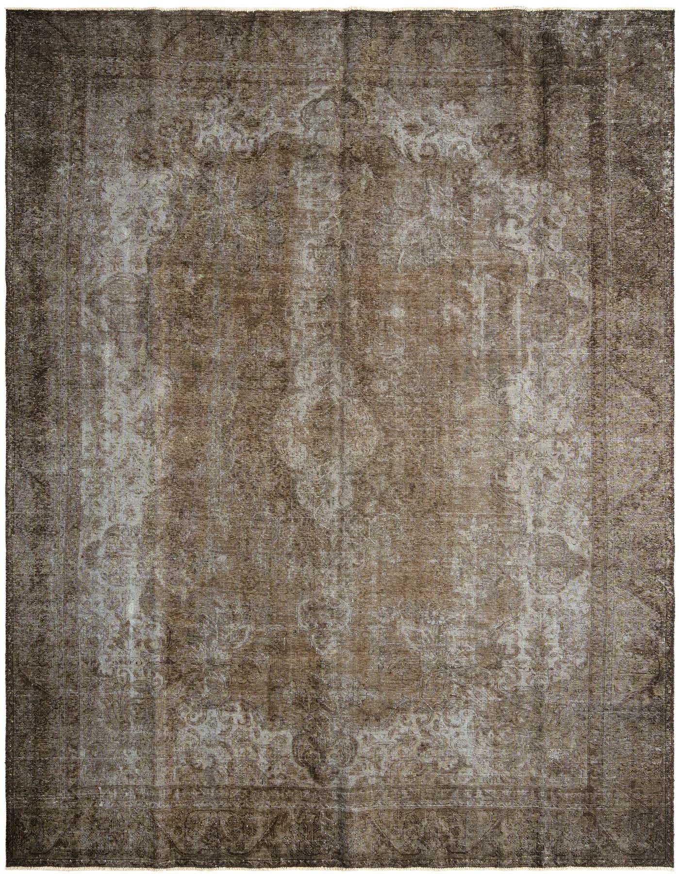 A 9x12 rectangular brown and tan Persian wool rug with a distressed vintage pattern, suitable for a living room.