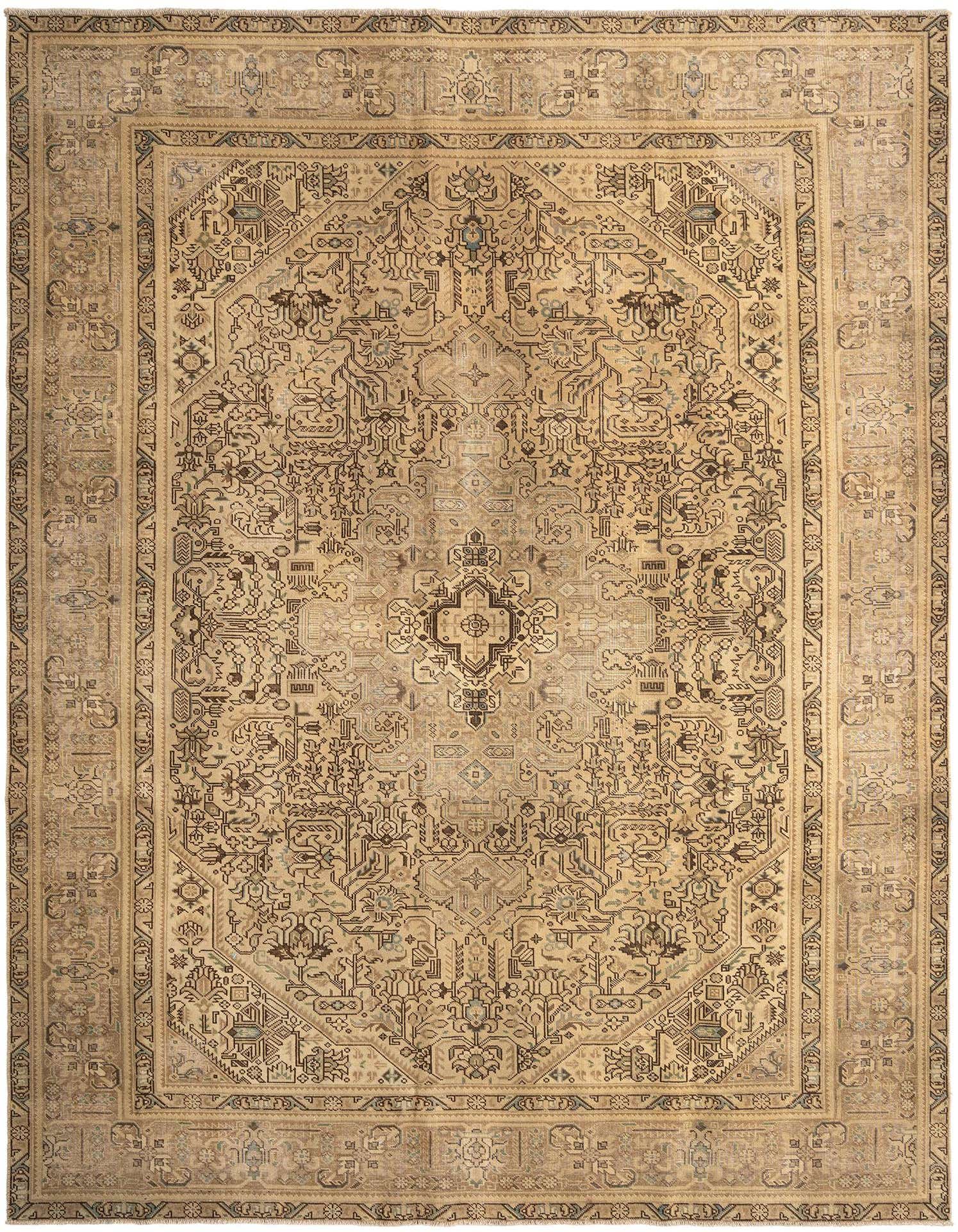 A 9x12 rectangular Vintage Royal Persian wool rug in shades of brown and tan, featuring intricate traditional patterns and a central medallion.